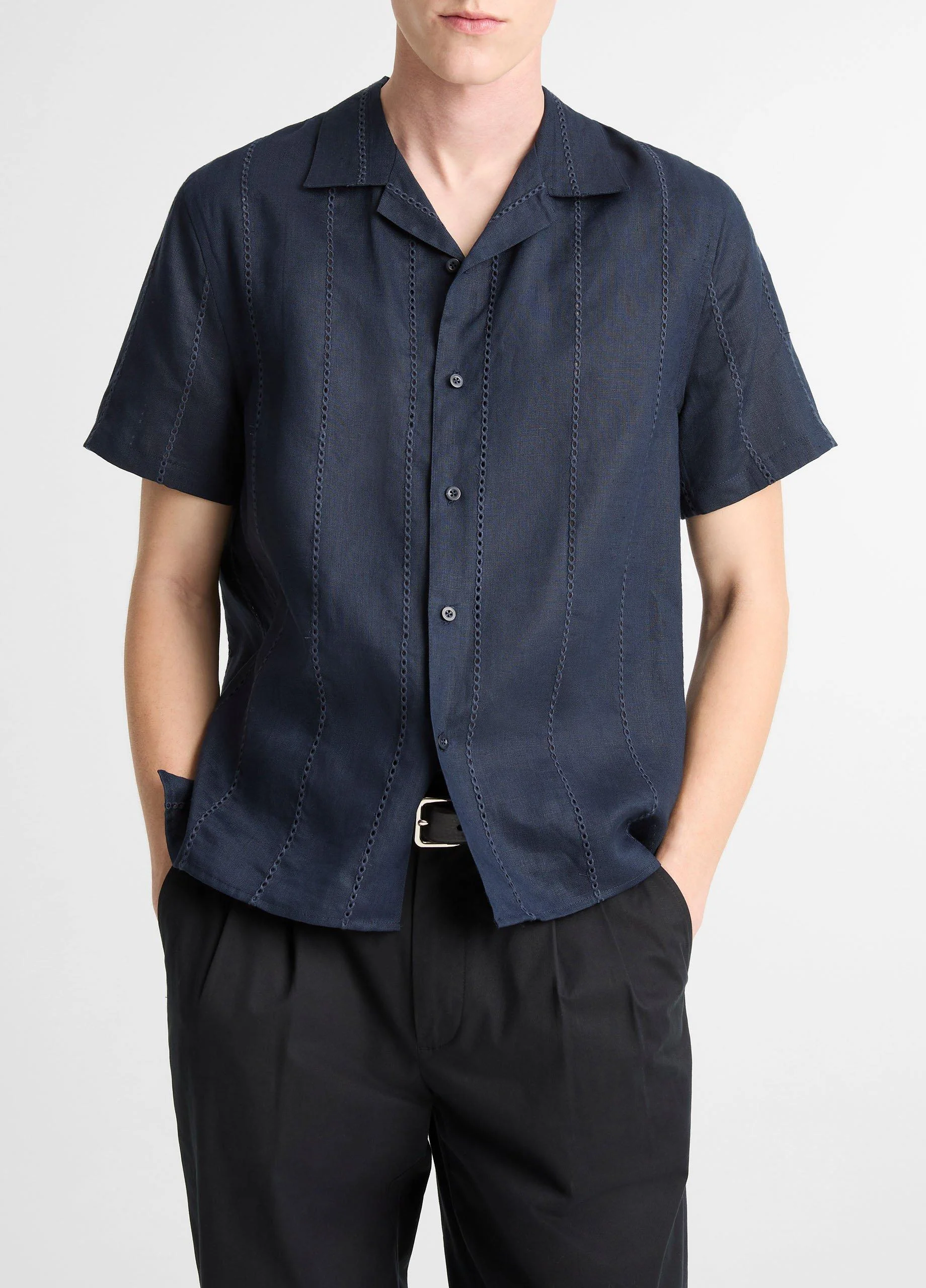 Eyelet Stripe Linen Cabana Shirt - 1