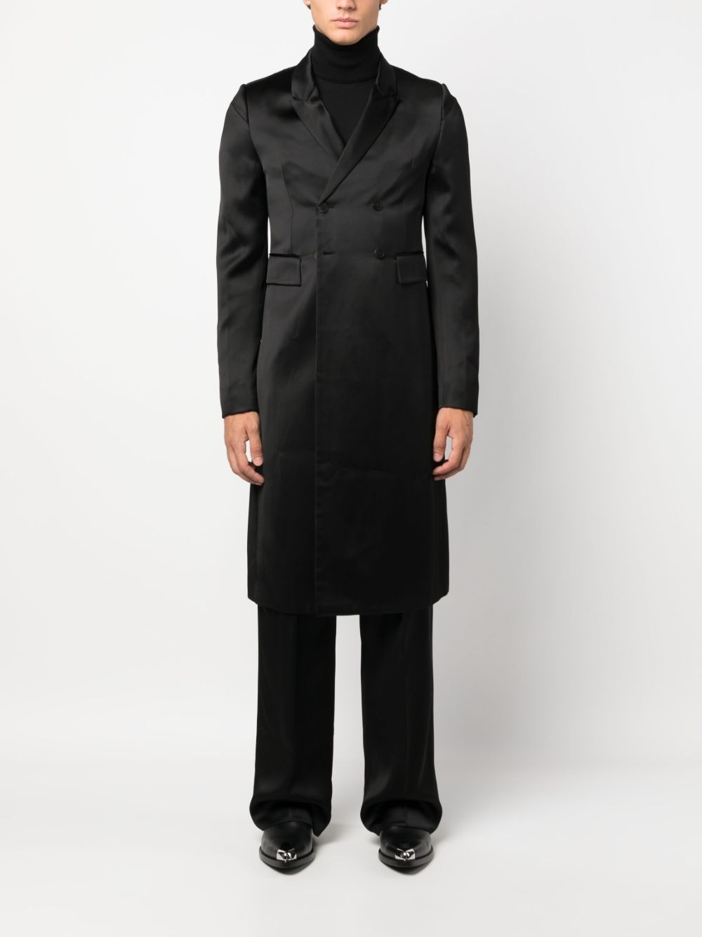 double-breasted satin-finish midi coat - 2