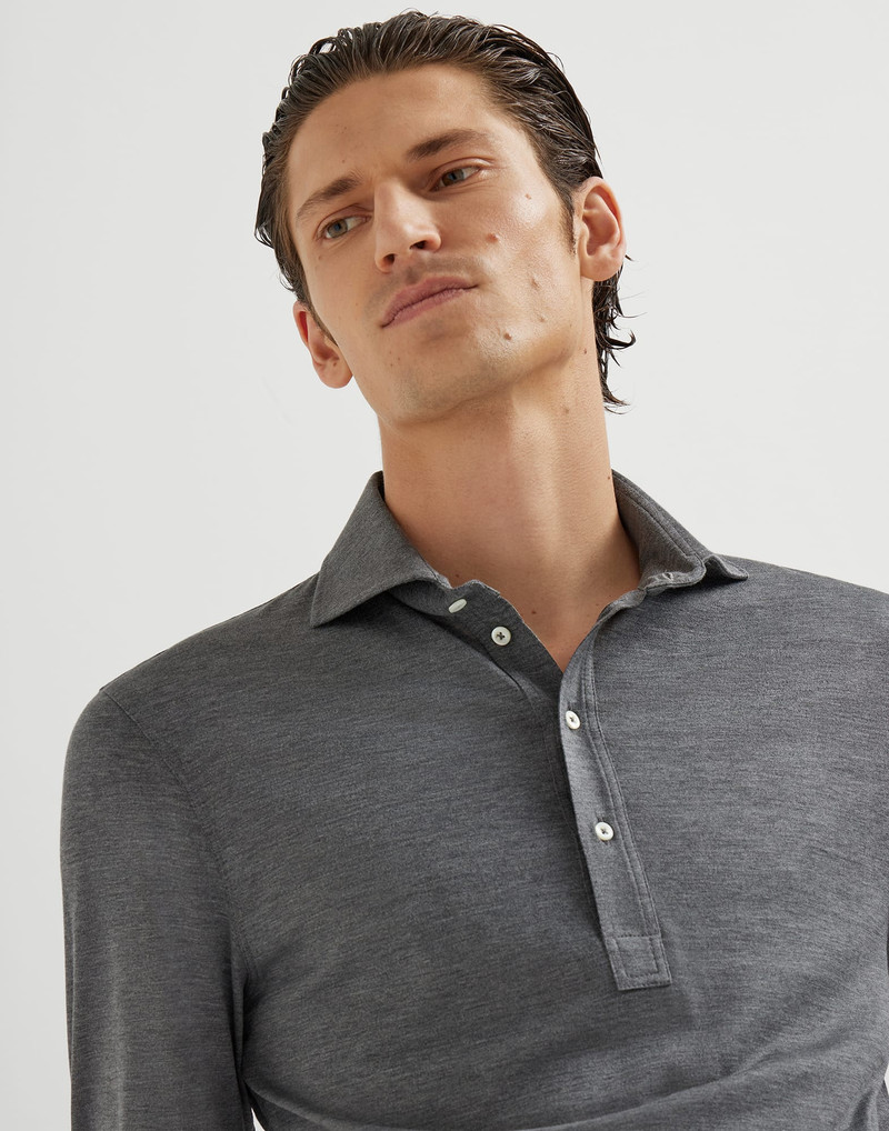 Silk and cotton lightweight jersey long sleeve polo with shirt-style collar 3