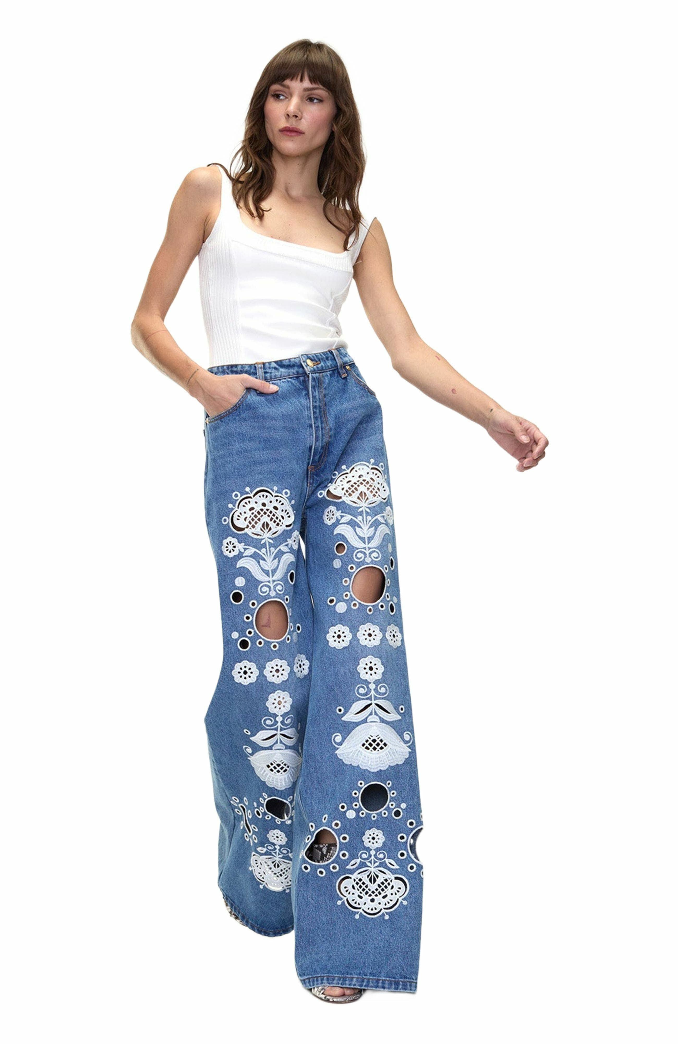 Cynthia Rowley Embroidered Wide-leg Jean in Blue/white at Nordstrom - 3