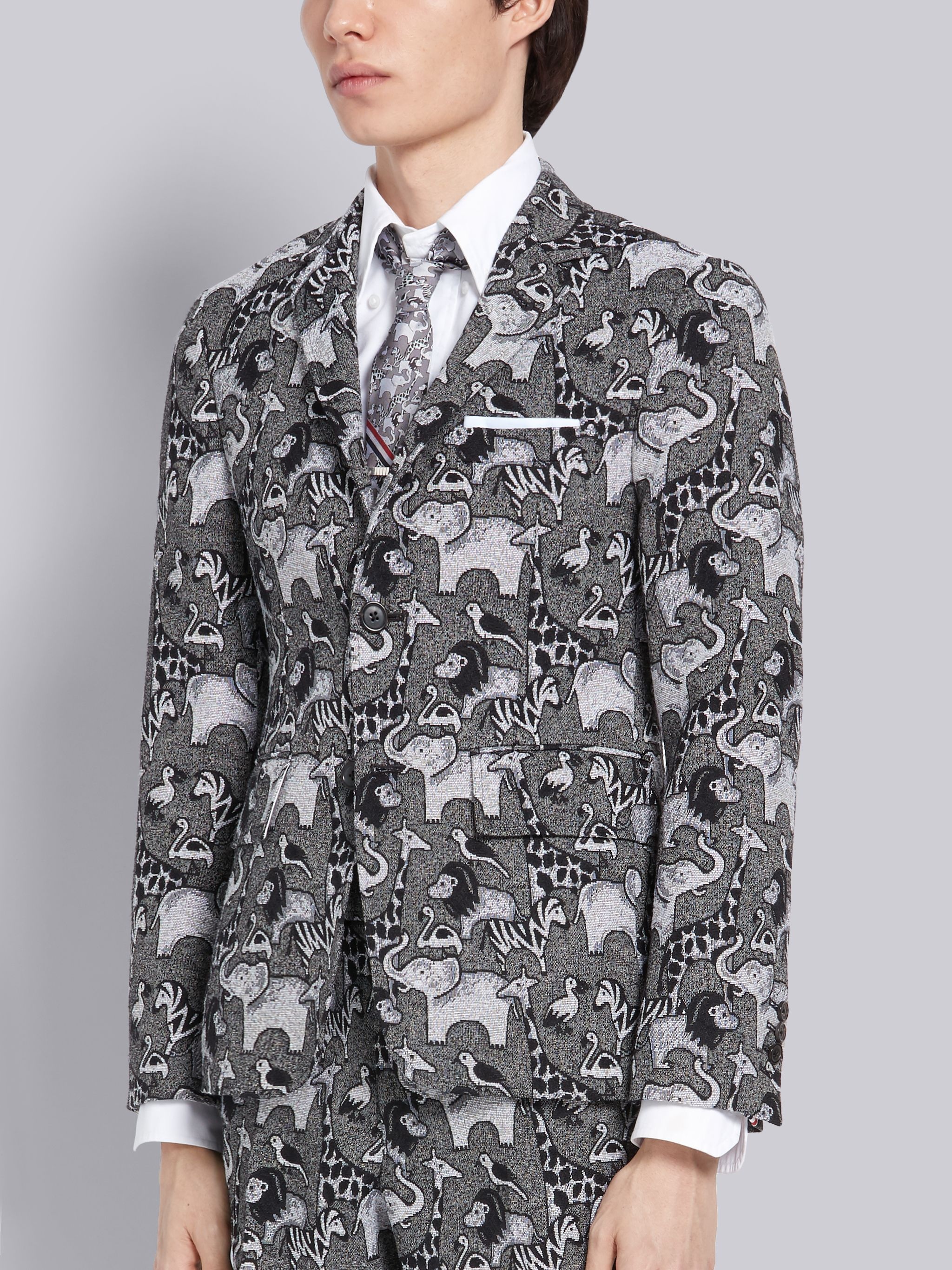 Medium Grey Animal Icon Tapestry Jacquard Classic Sport Coat - 3