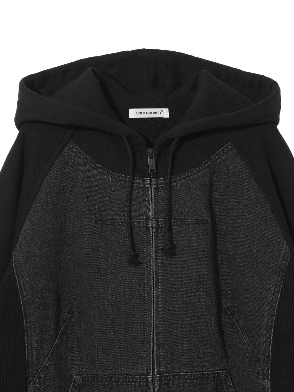 denim-panel zip-up hoodie - 3