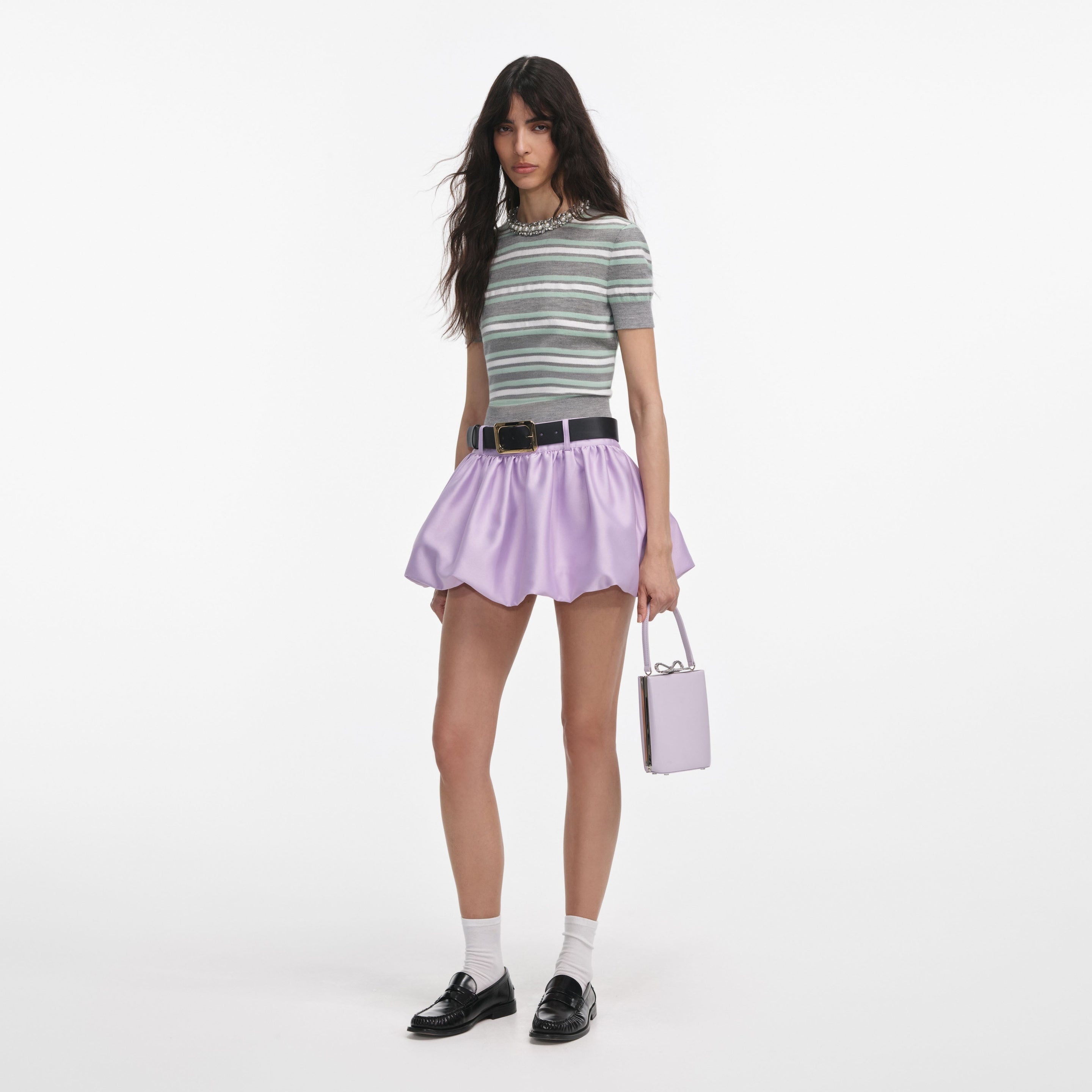 Grey Striped Crystal Trim Knit Top - 2