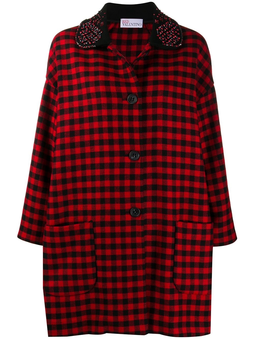 embellished collar check print coat - 1