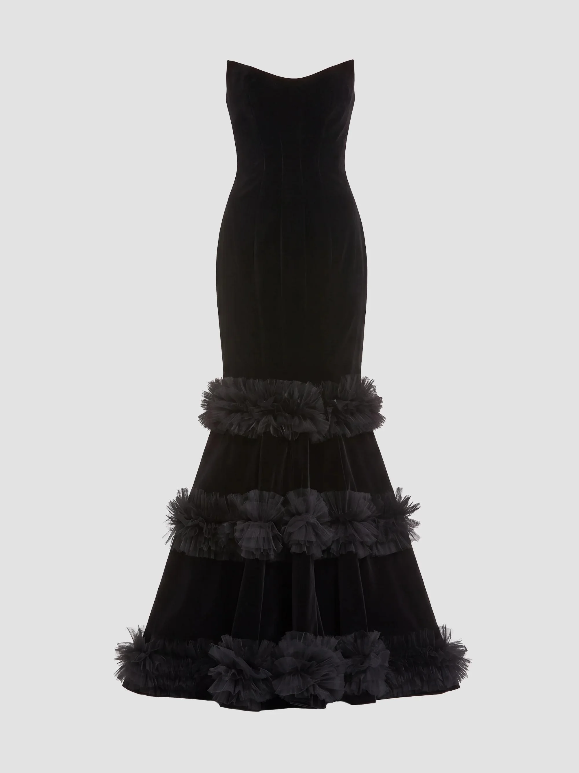 Women's Velvet Ruffle Tiered Strapless Gown - Black - 1