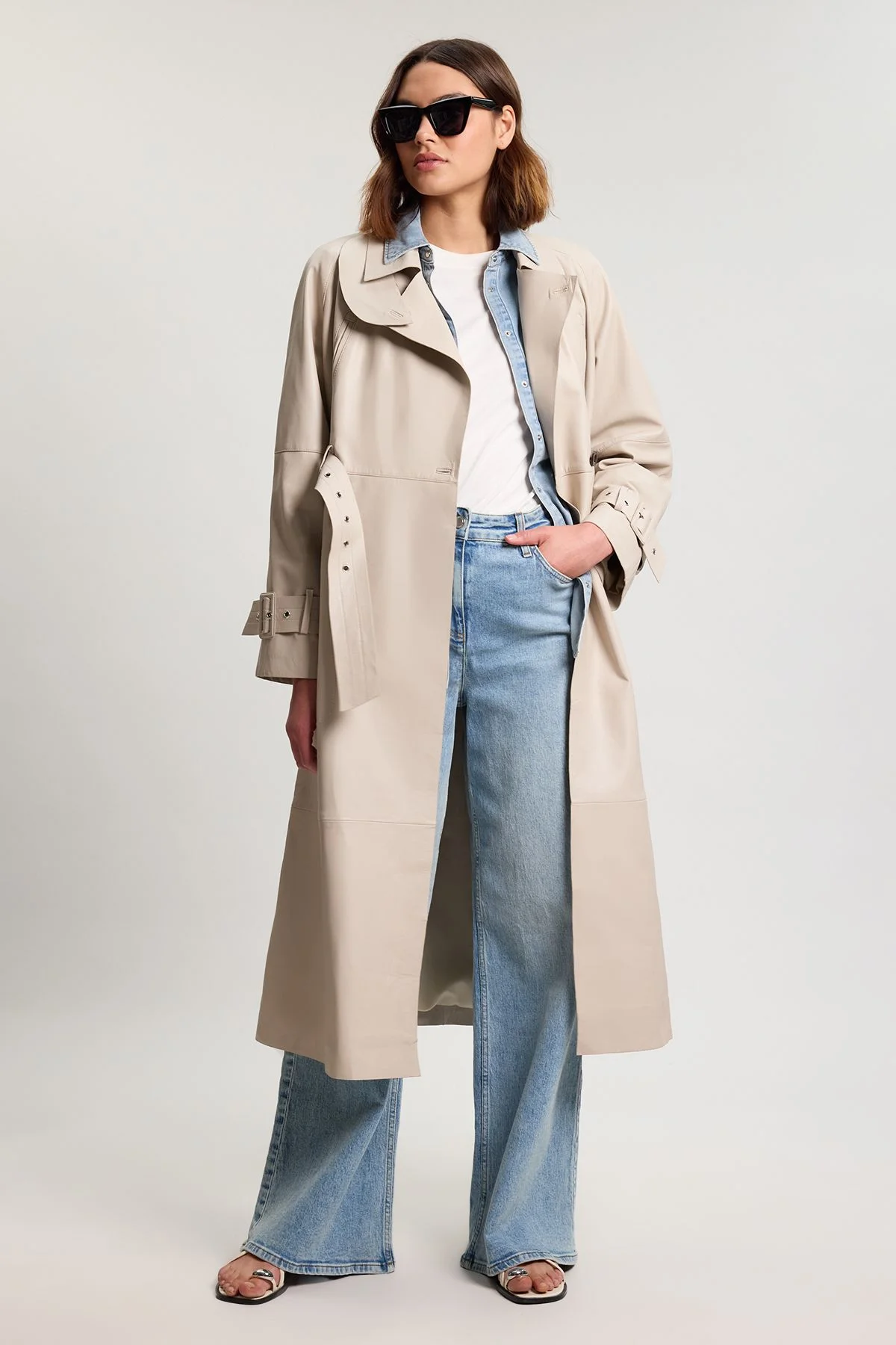 Leather Belted Trench Coat - 1