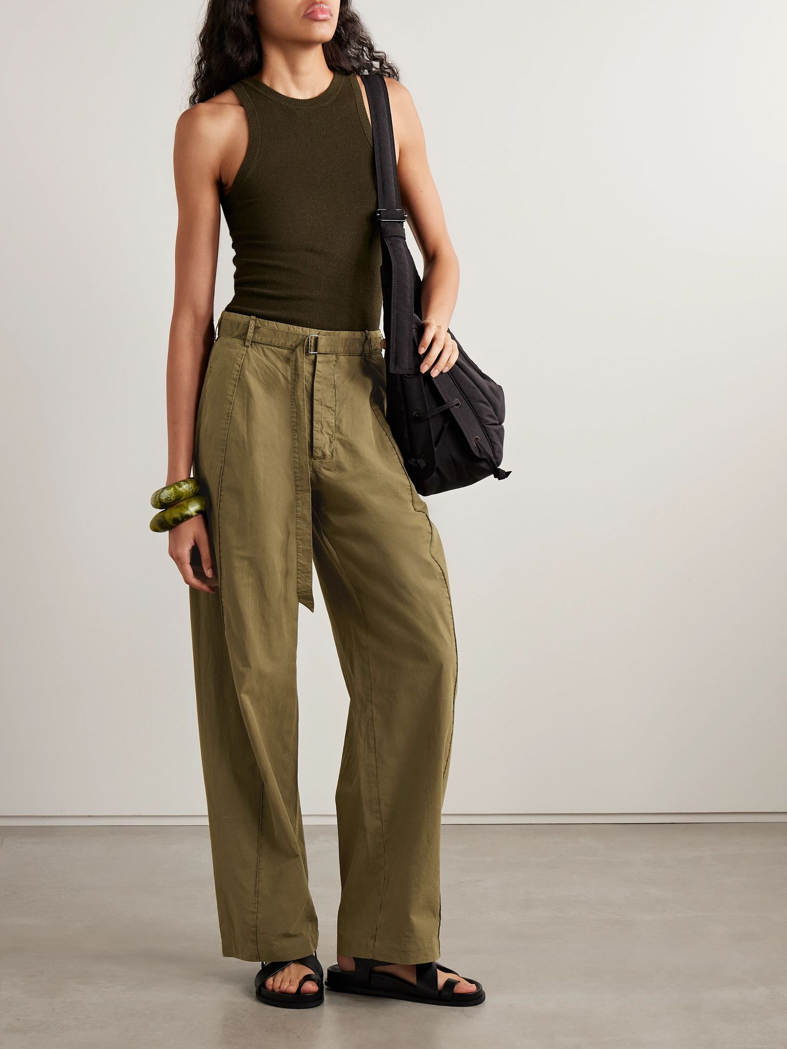 Belted paneled cotton wide-leg pants Army green - 2