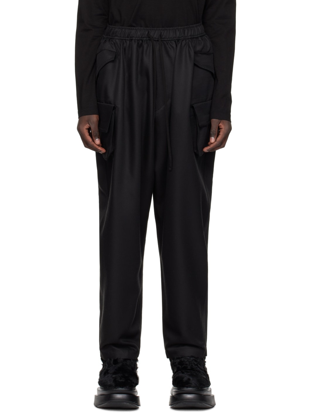 Black Gathered Cargo Pants - 1
