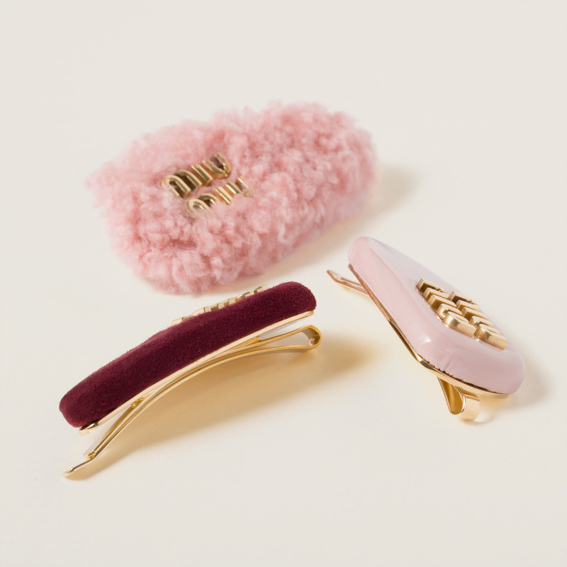 Miu Miu Set of leather, suede, and shearling hair clips outlook