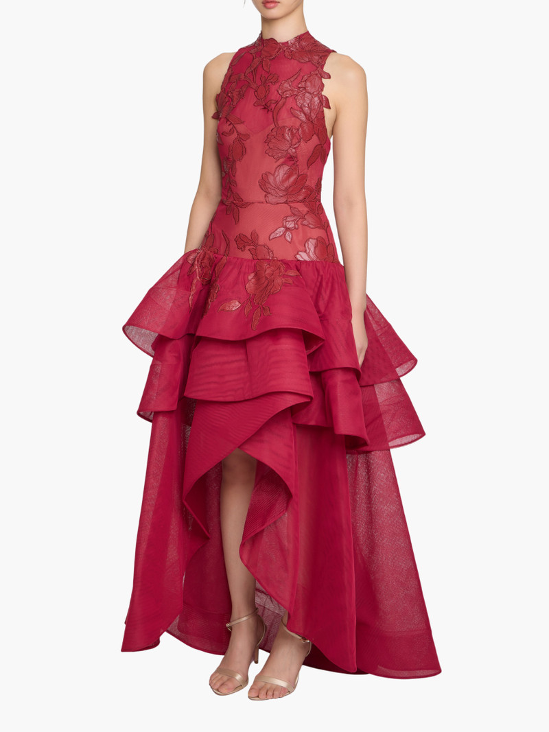 LEATHER GUIPURE HIGH NECK SLEEVELESS TIERED GOWN 3