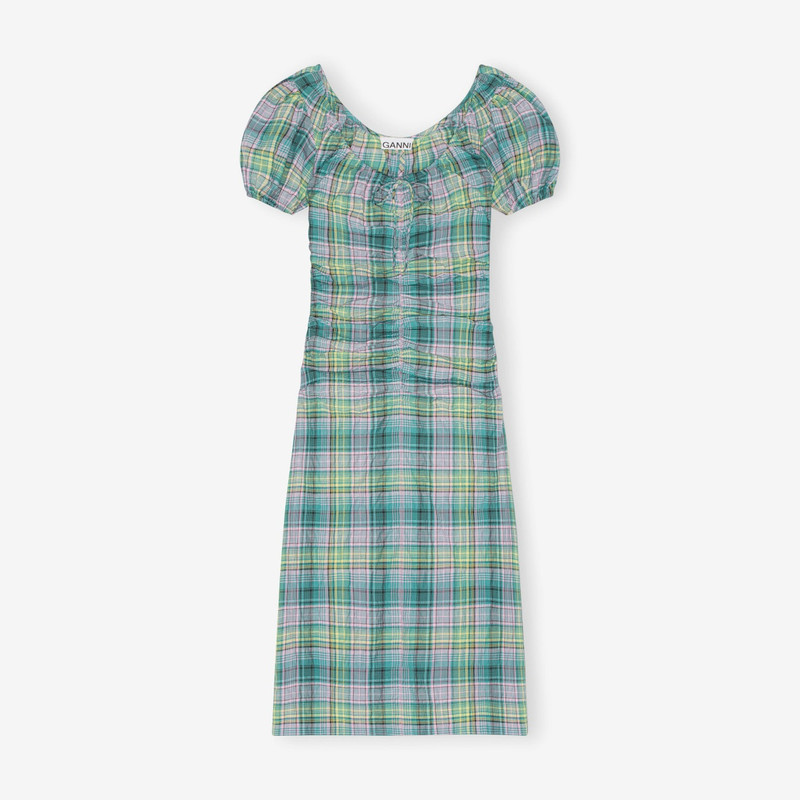 Seersucker Check Gathered U-neck Midi Dress 1