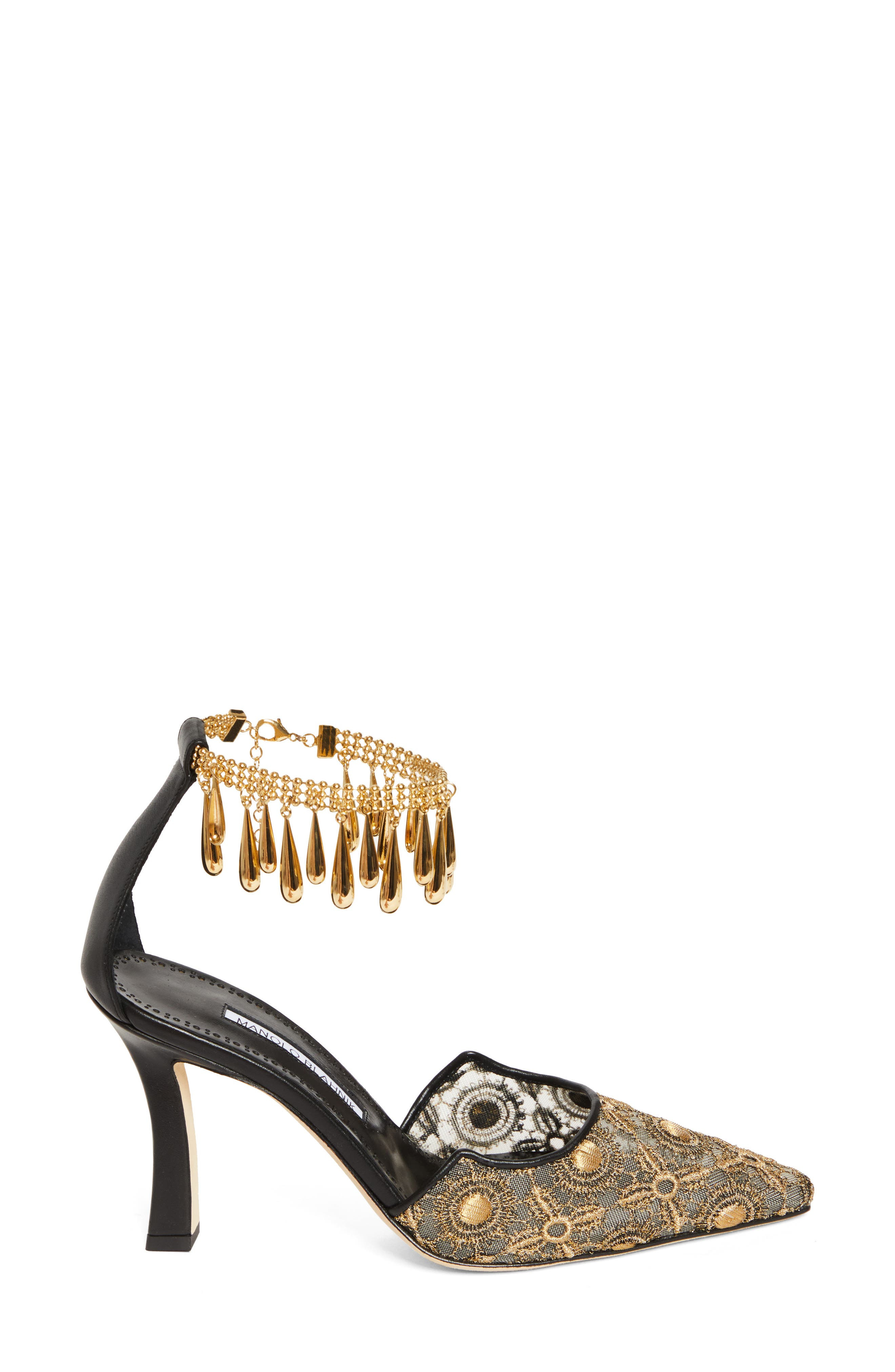 Manolo Blahnik Harniscus Ankle Strap Pump in Yellow Gold/Black at Nordstrom - 3