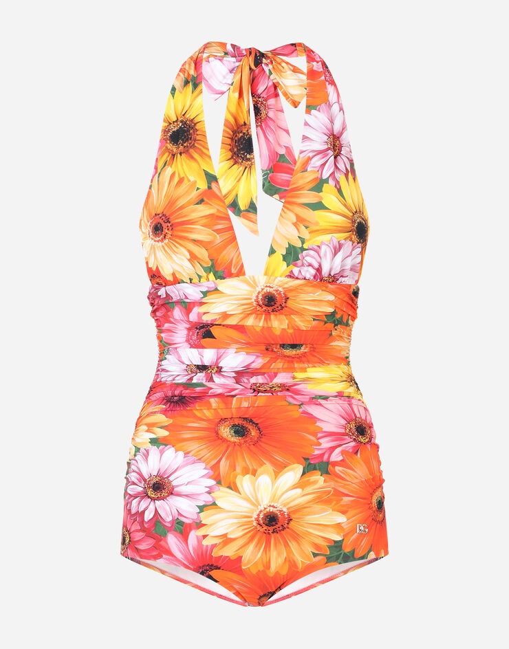 One-piece swimsuit with plunging neckline and gerbera-daisy print - 1