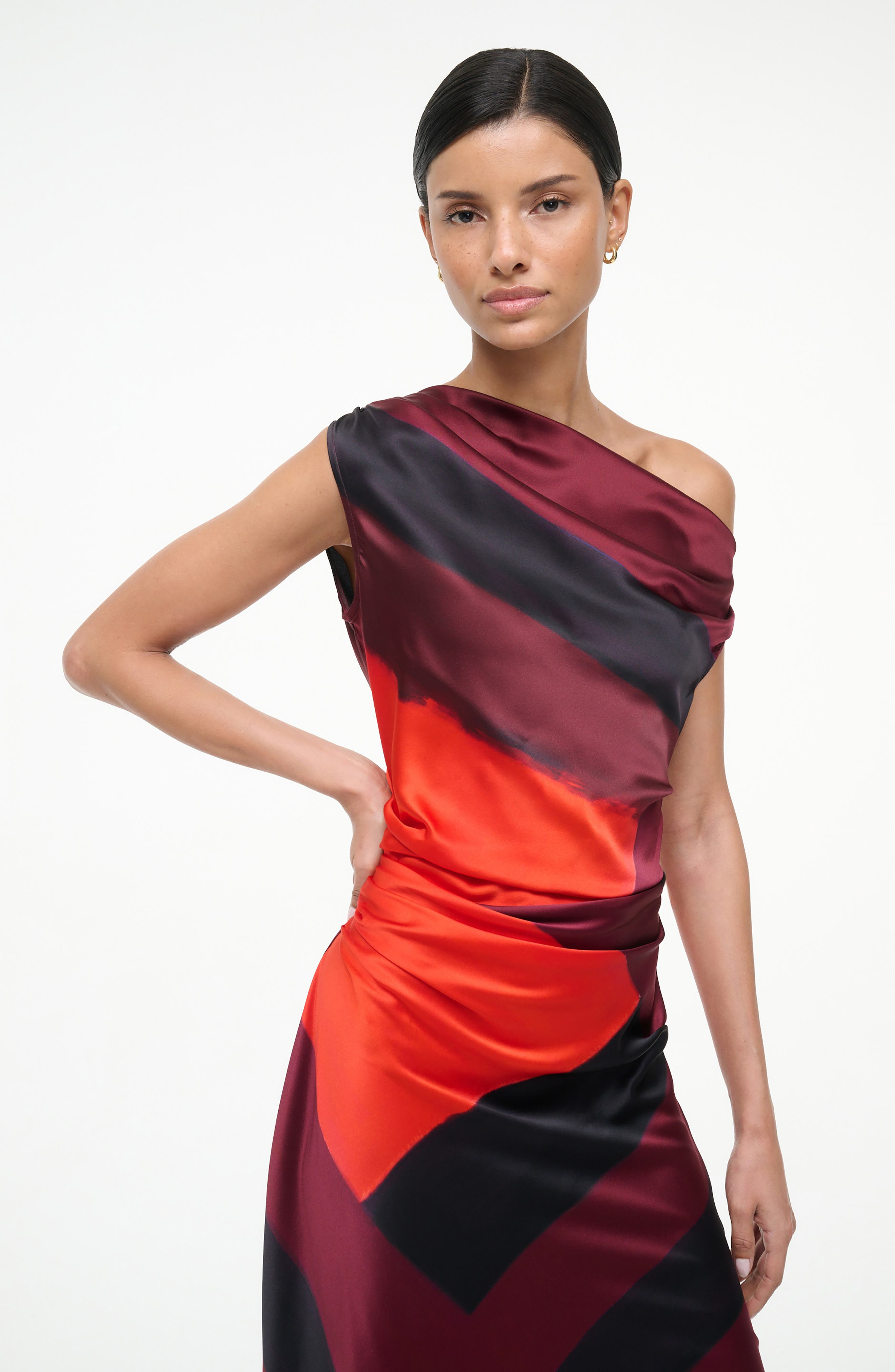 STAUD Phare One-Shoulder Stretch Silk Midi Dress in Ruby Prism at Nordstrom - 4