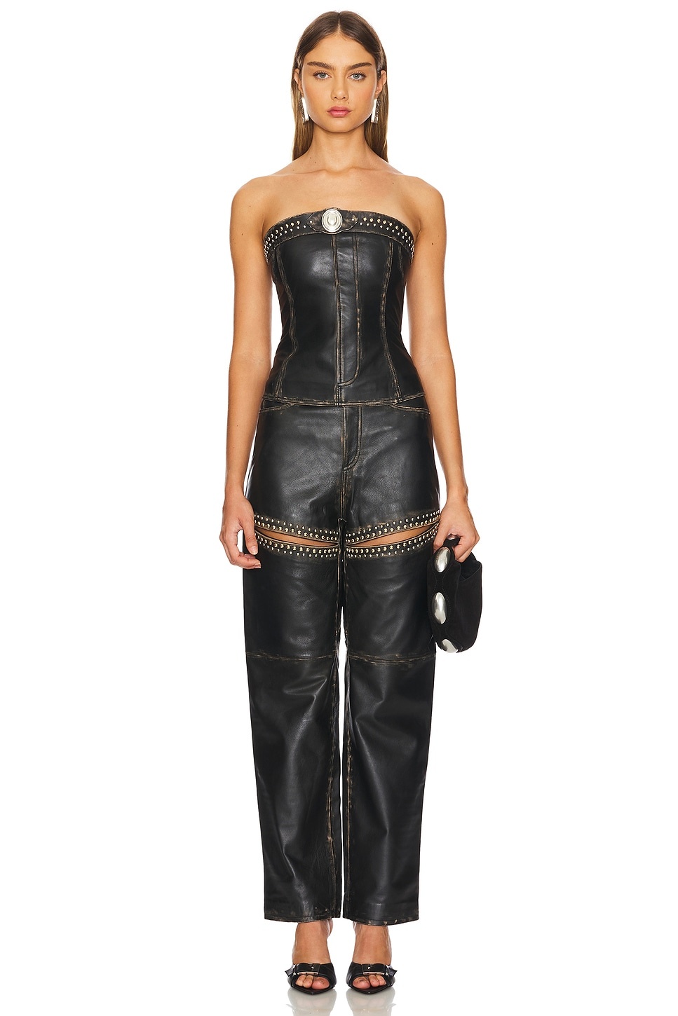 Studded Leather Slit Leg Pant - 5