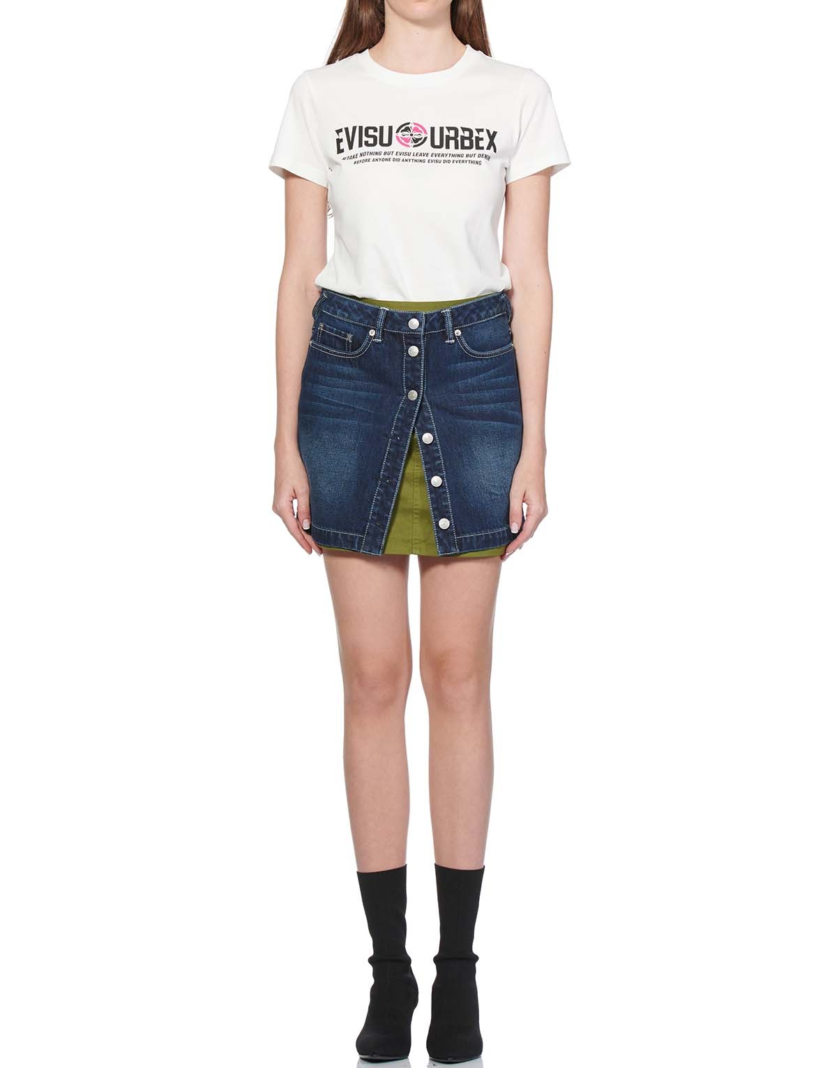 SEAGULL PRINTED MIXED-FABRIC DENIM SKIRT - 1