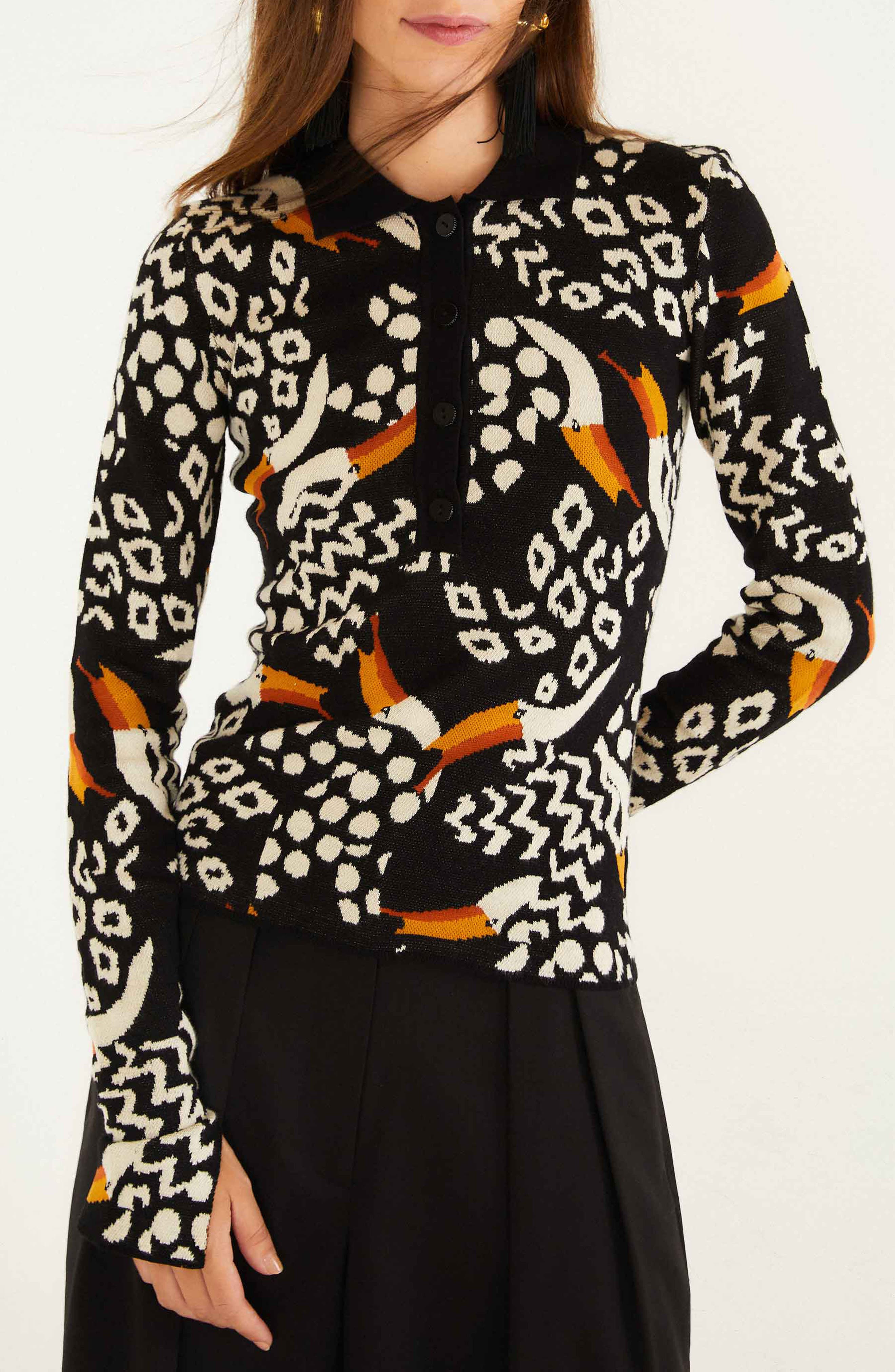 FARM Rio Tucanissimo Jacquard Polo Sweater in Tucanissimo Black at Nordstrom - 1