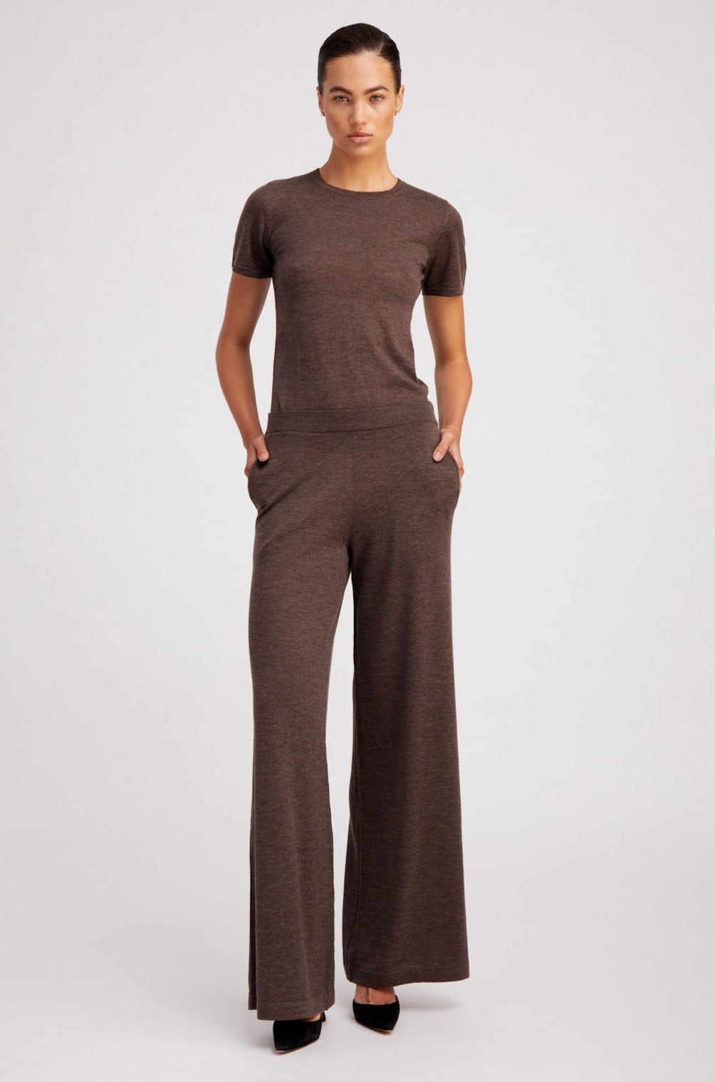 HEATHER BROWN ULTRA FINE CASHMERE WIDE LEG PANTS - 2