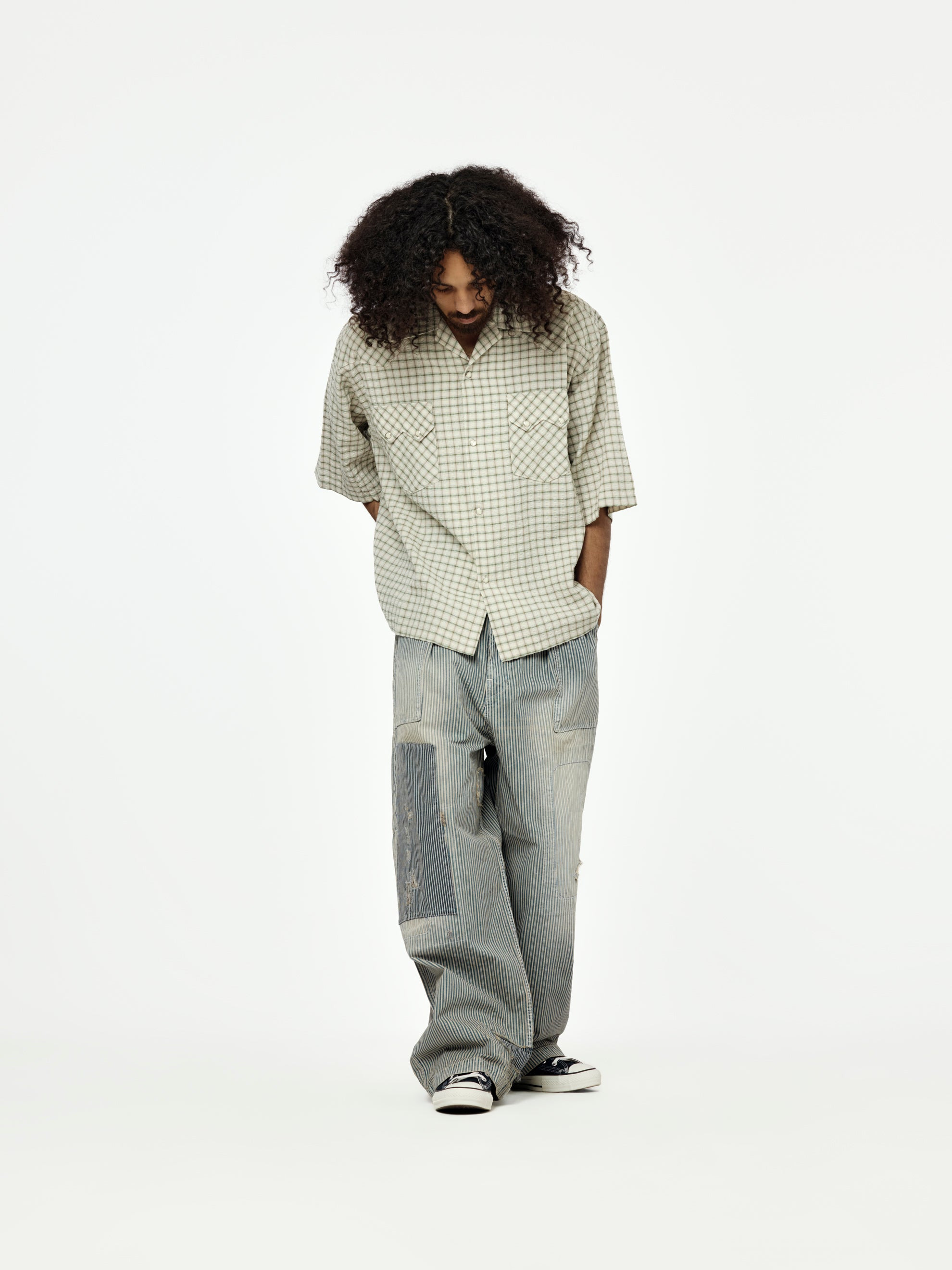 COTTON LINEN SEERSUCKER CHECK OPEN-COLLAR WESTERN BIG SHIRT - 5