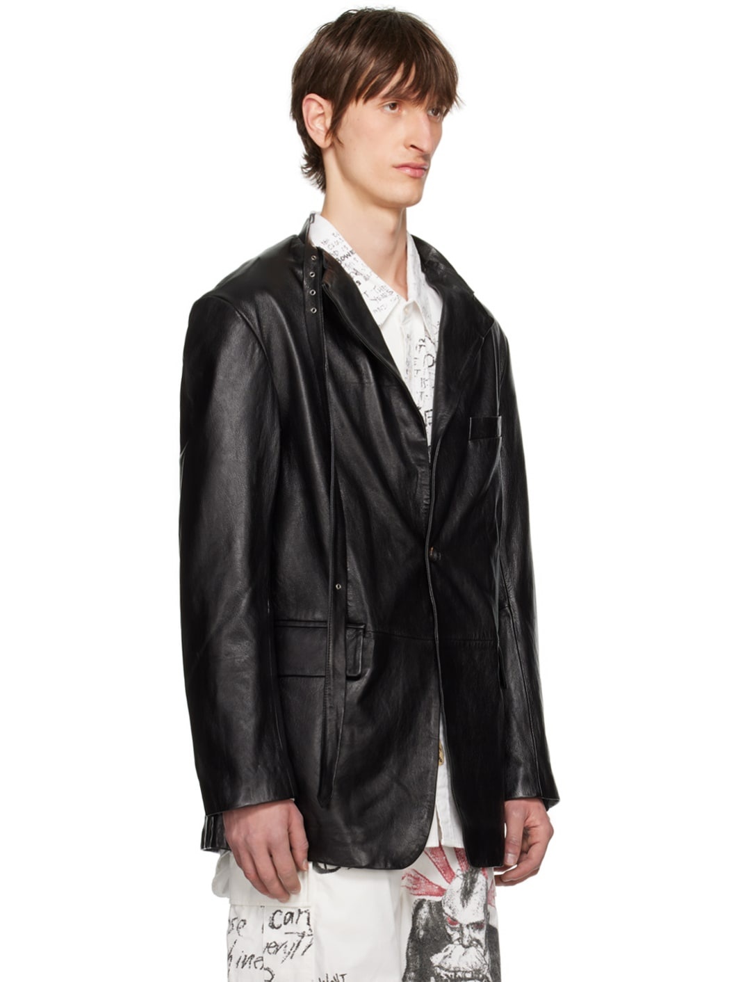 Black Belt Collar Leather Jacket - 2