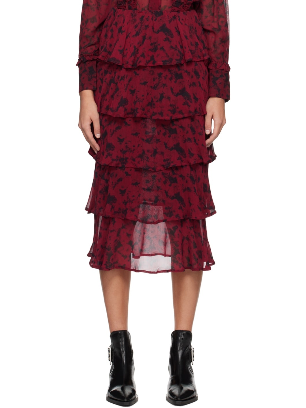 Red & Black Tiered Maxi Skirt - 1