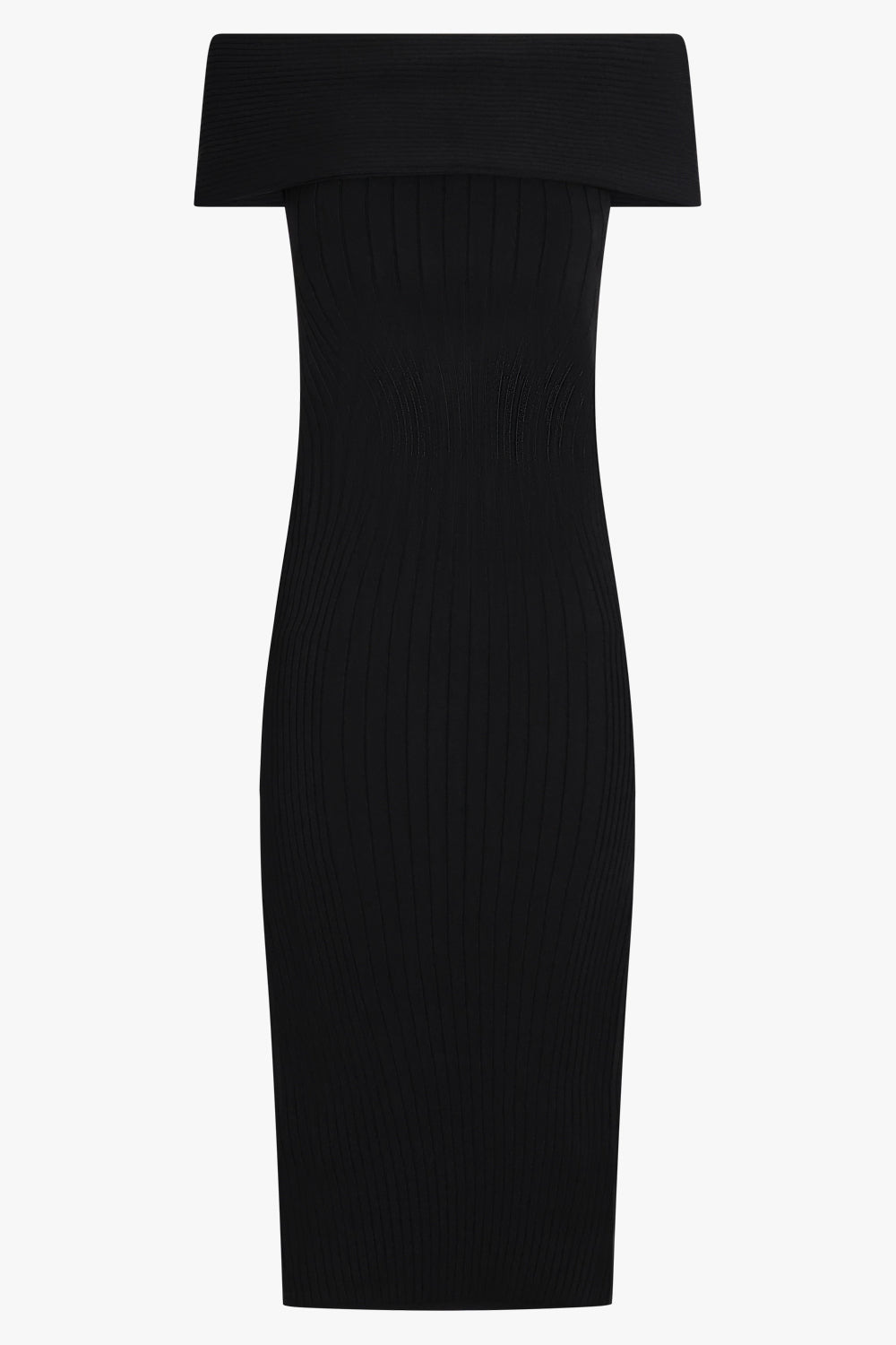 OFF SHOULDER SCULPTING KNIT MIDI DRESS | BLACK - 1