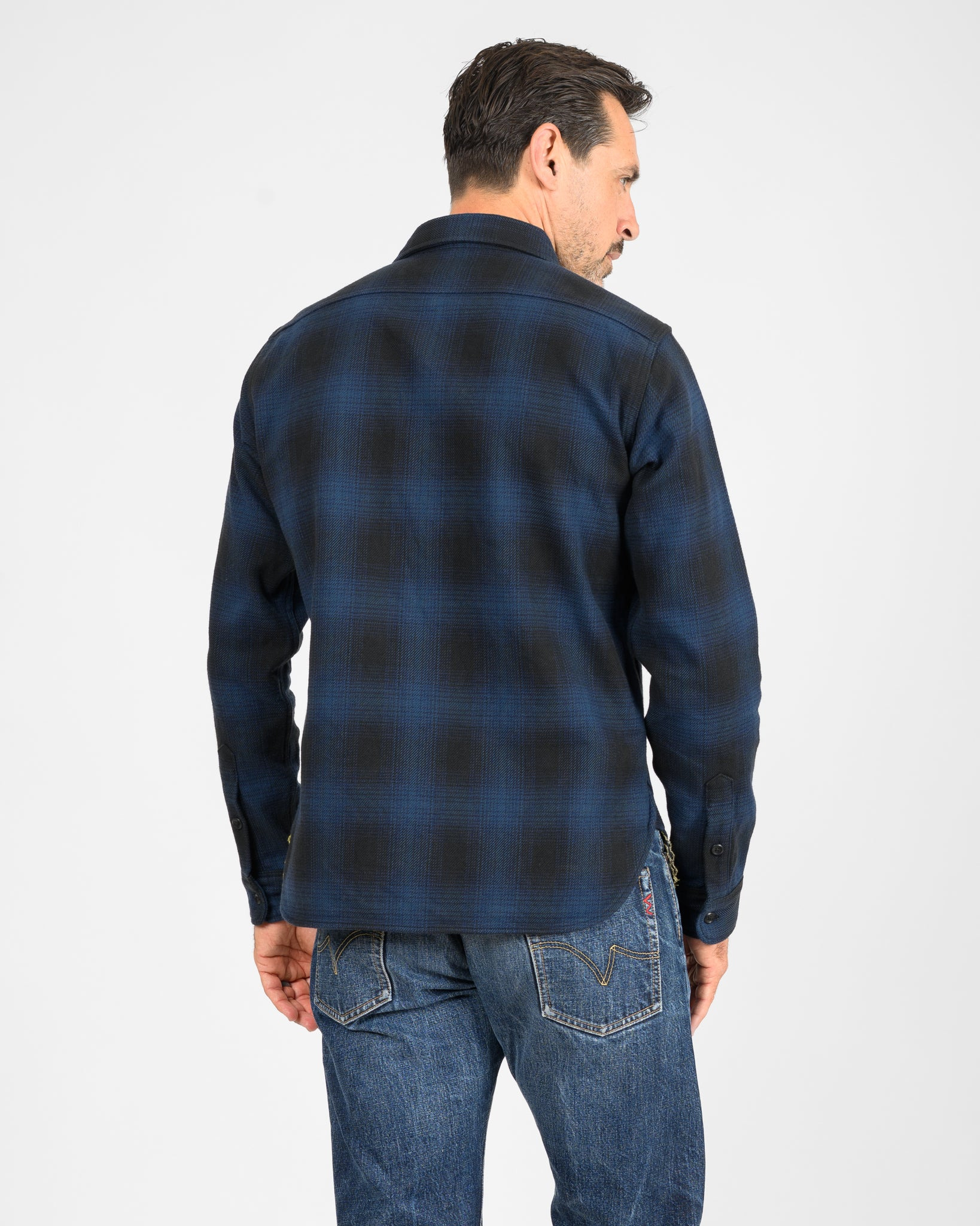 IHSH-265-NAV Ultra Heavy Flannel Ombré Check Work Shirt - Navy/Black - 3