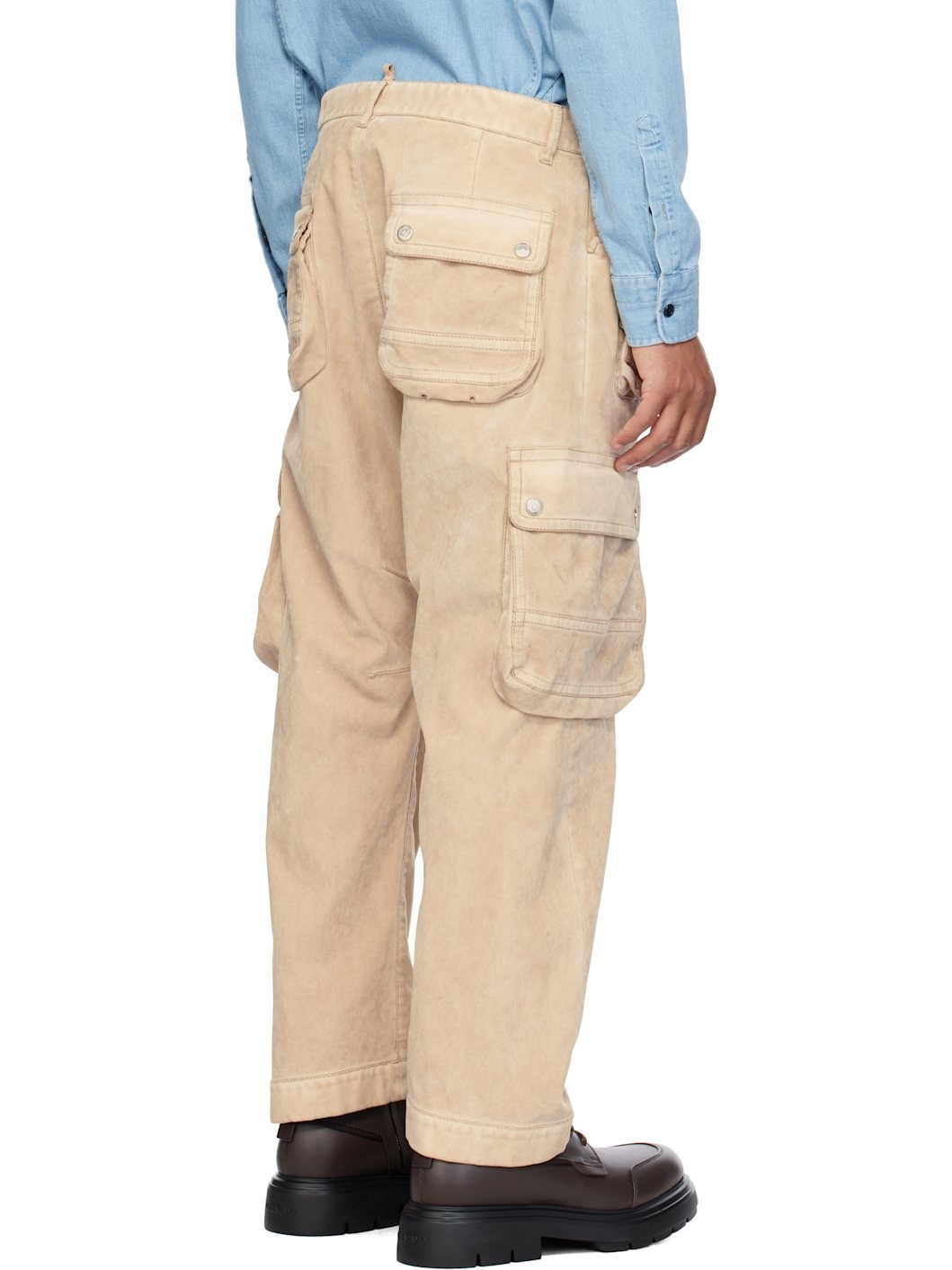 Beige Grunge Denim Cargo Pants - 3