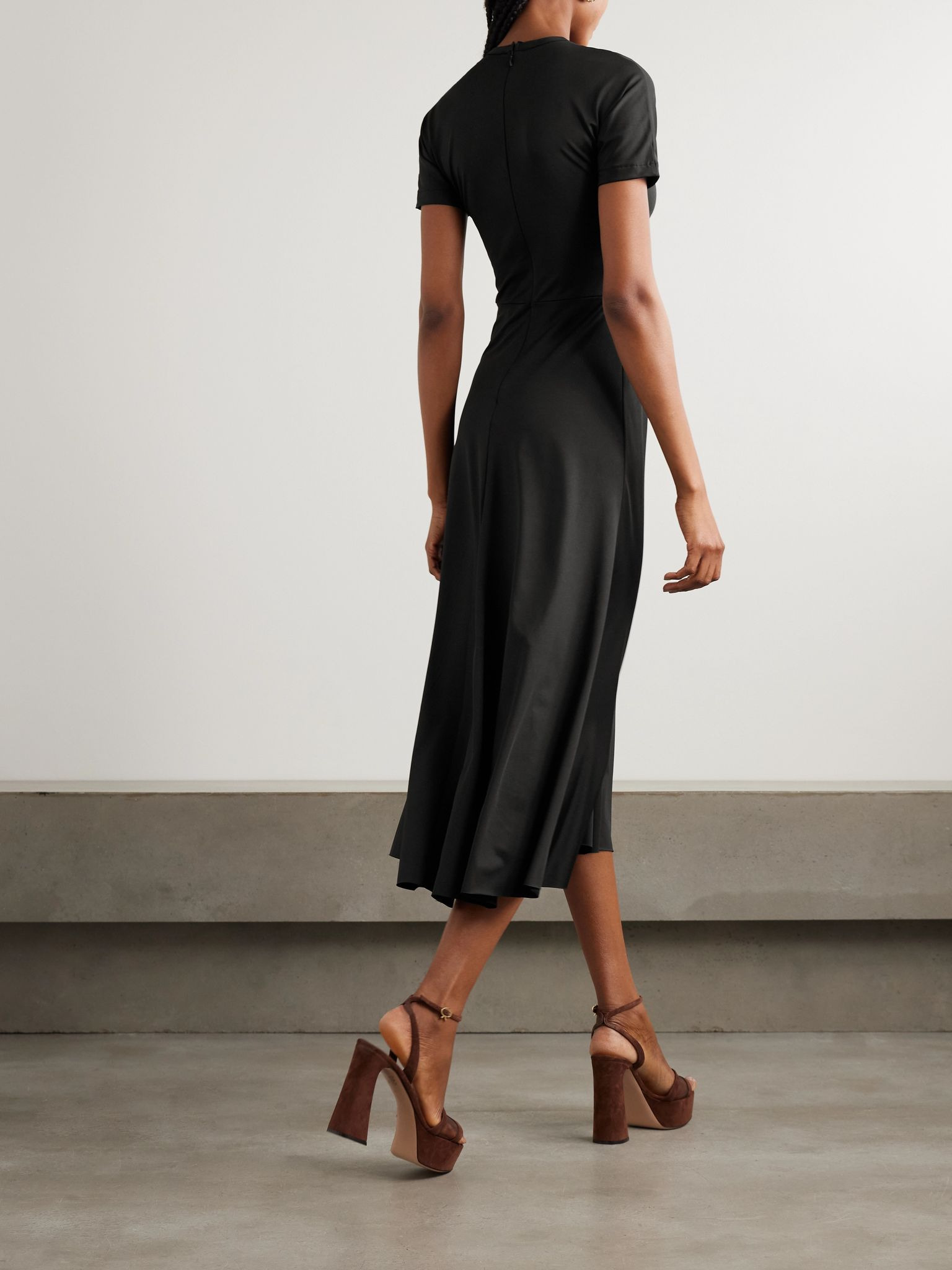 Gathered satin-jersey midi dress Black - 3