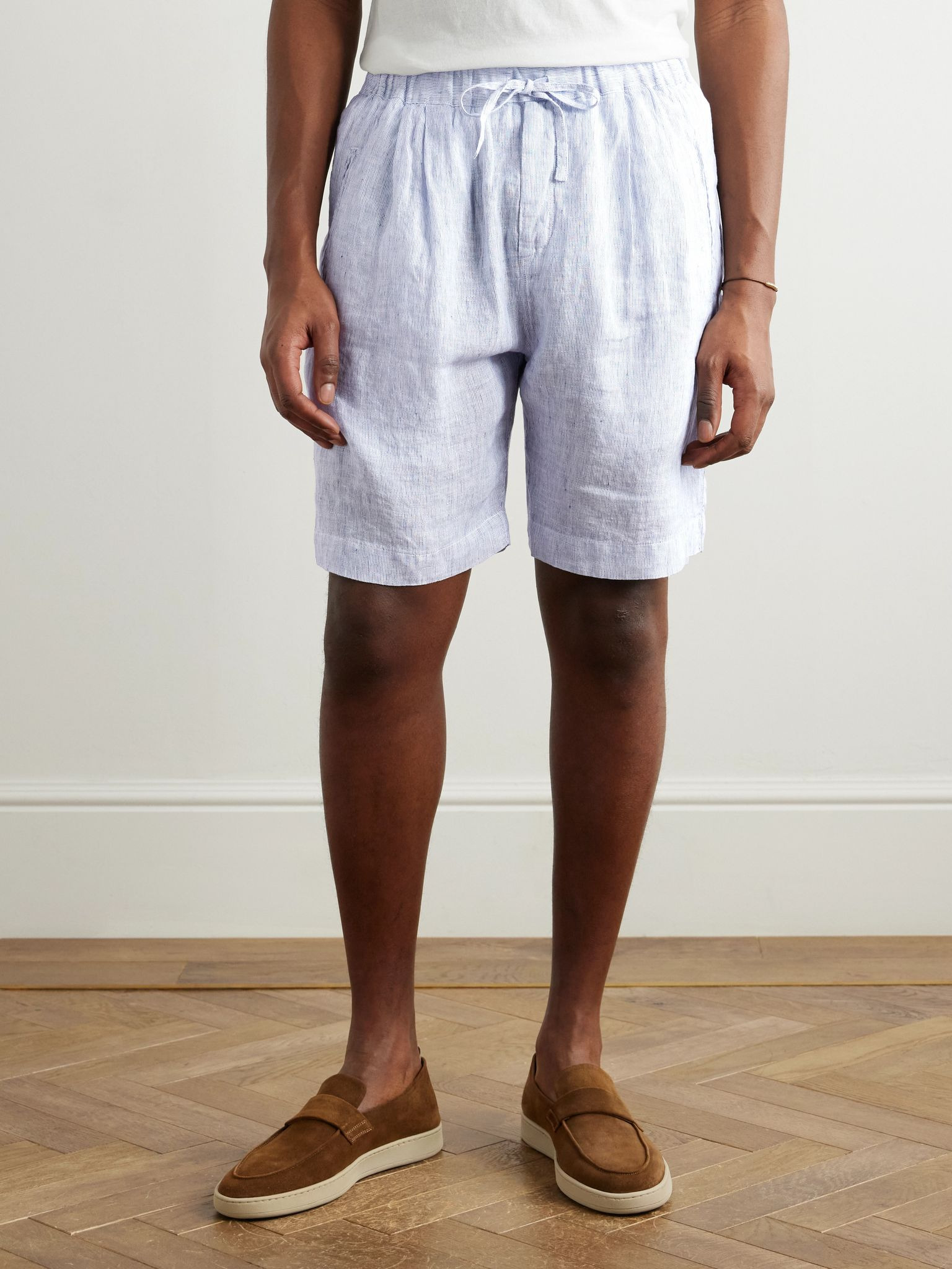 Kevin Straight-Leg Pleated Linen Drawstring Shorts Blue - 3