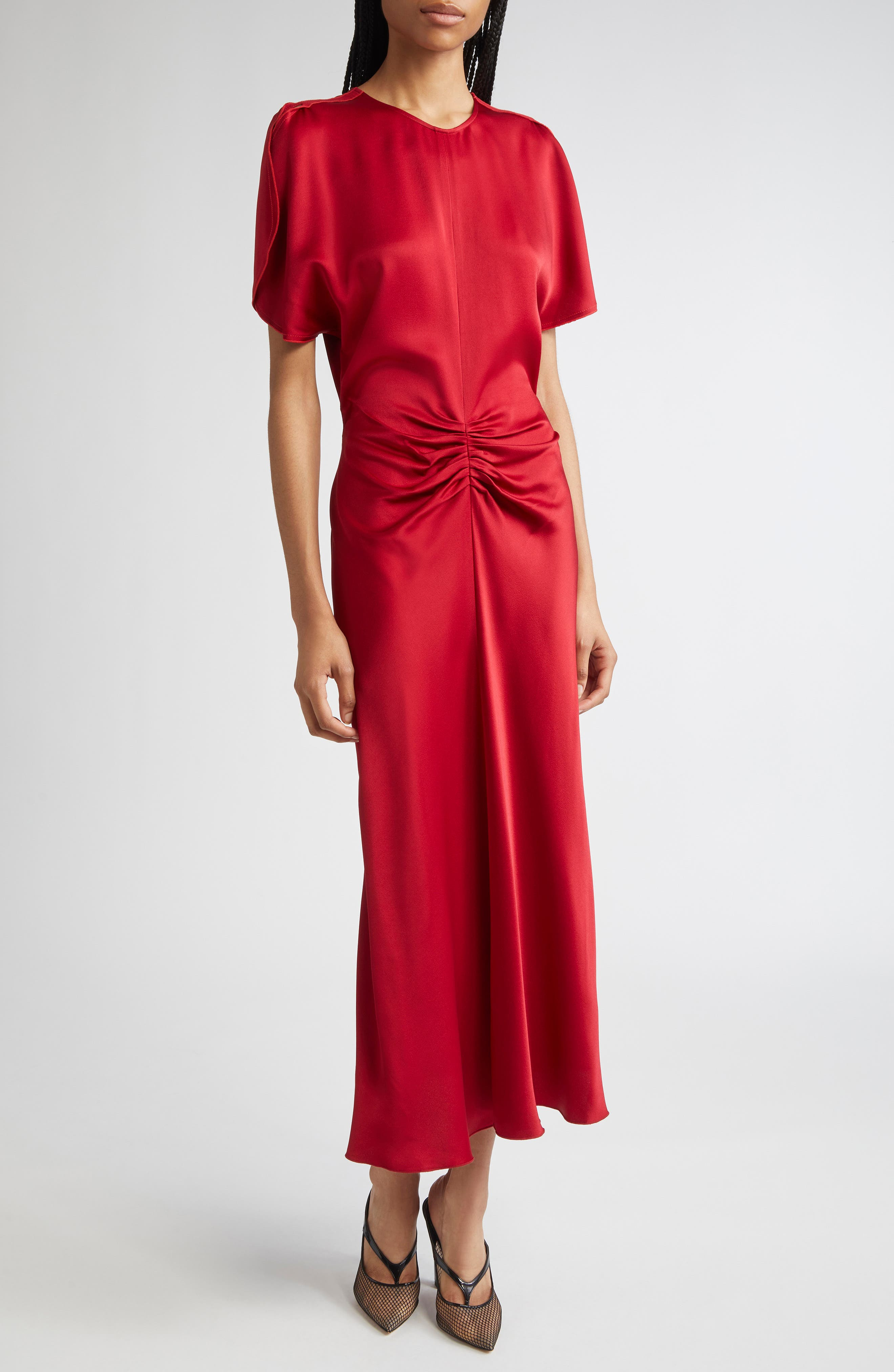 Victoria Beckham Ruched Waist Midi Dress in Rose at Nordstrom - 1