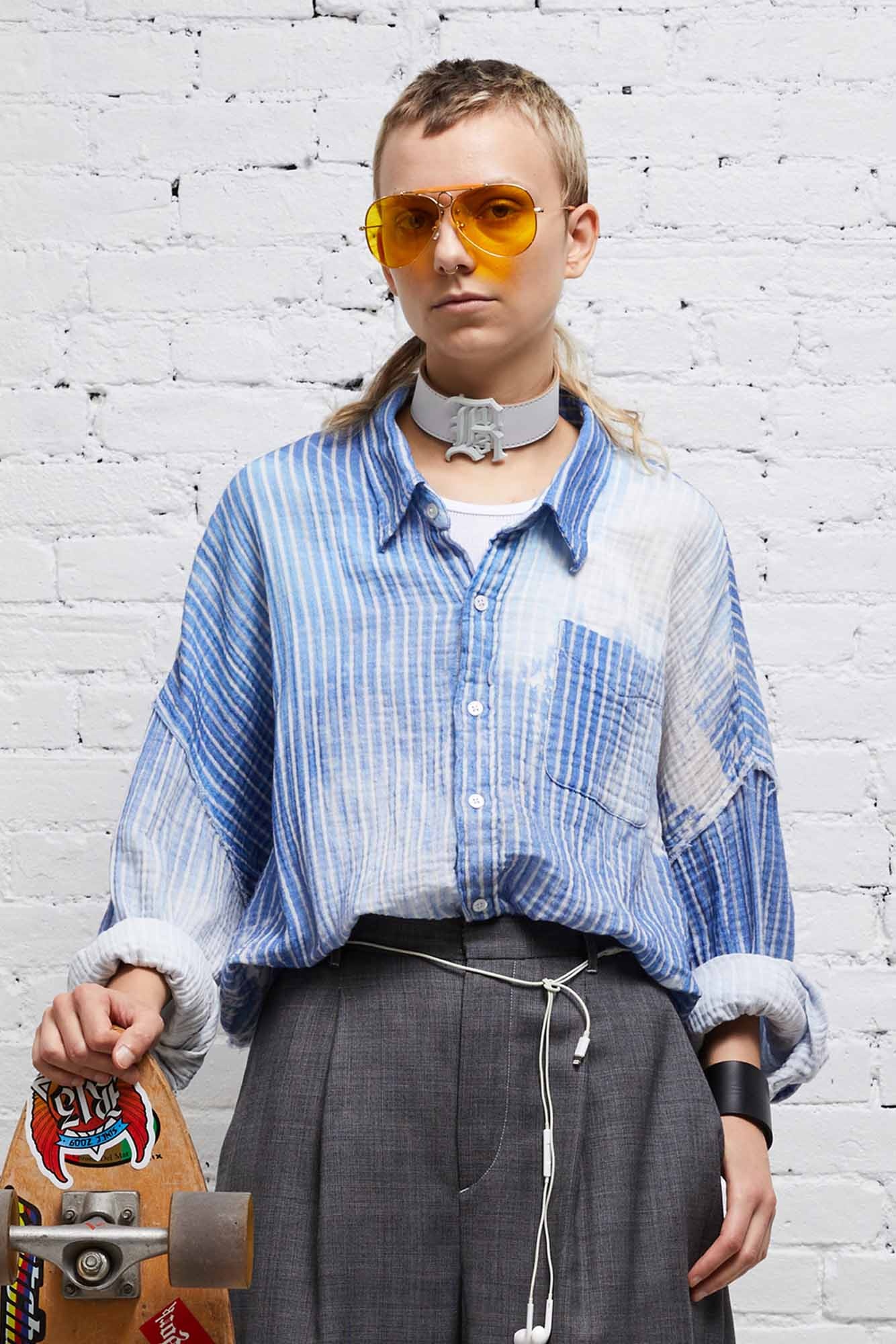 SHREDDED SEAM DROP NECK SHIRT - BLEACH BLUE PINSTRIPE - 2