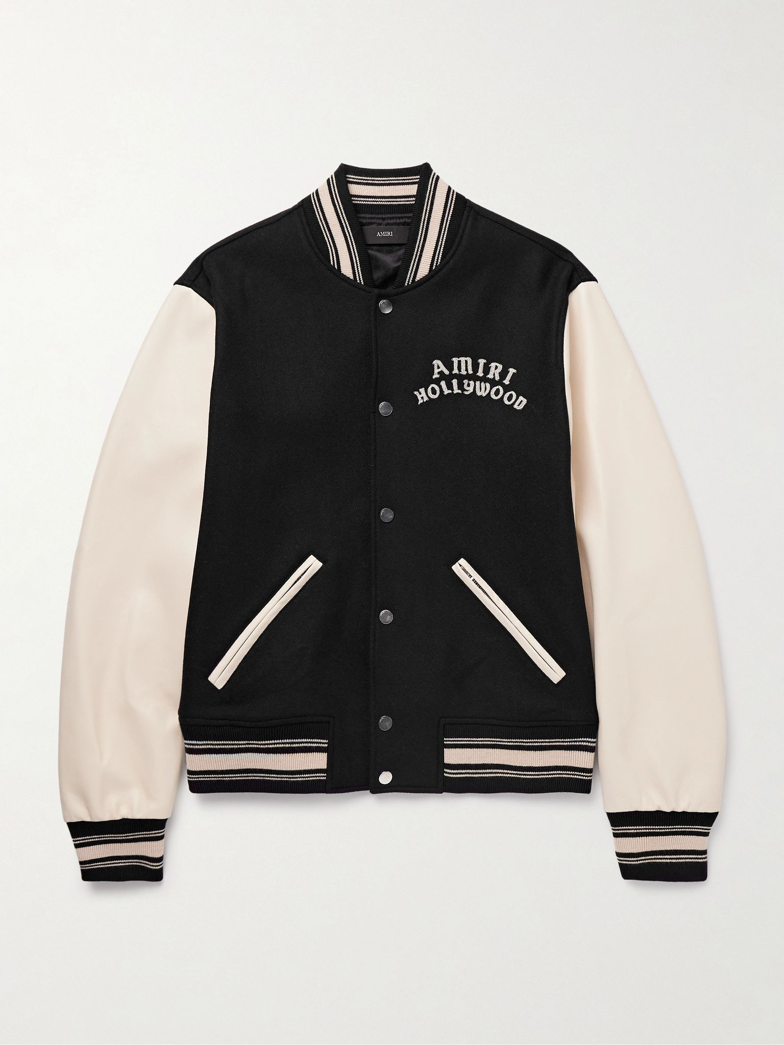 Hollywood Logo-Embroidered Leather and Wool-Blend Flannel Varsity Jacket Black - 1