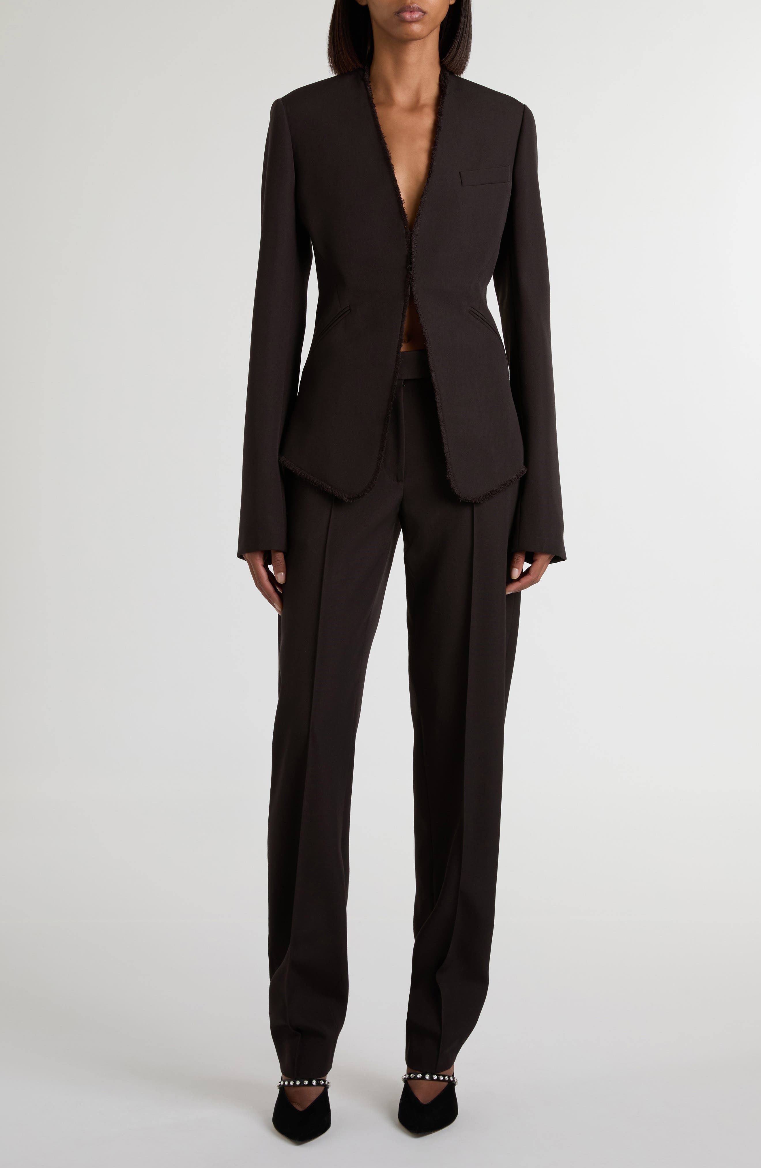 McQueen Raw Edge Wool Canvas Peplum Blazer in Dark Brown at Nordstrom - 2