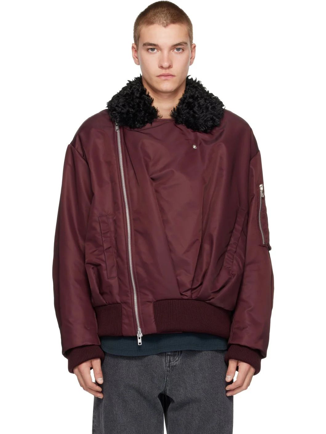 Burgundy Draped Faux Fur Bomber Jacket - 1