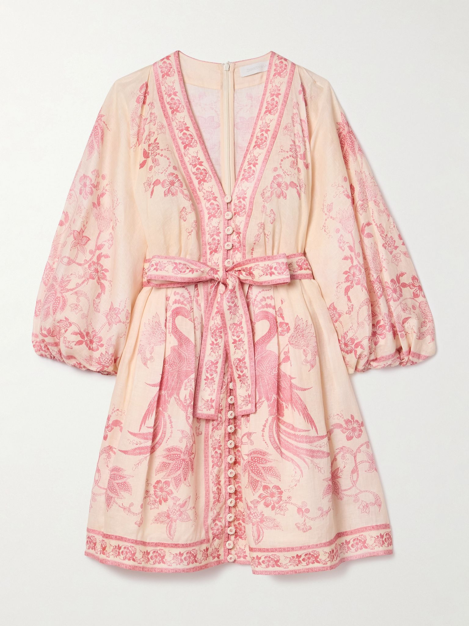 Lucky belted printed linen mini dress Pink - 1