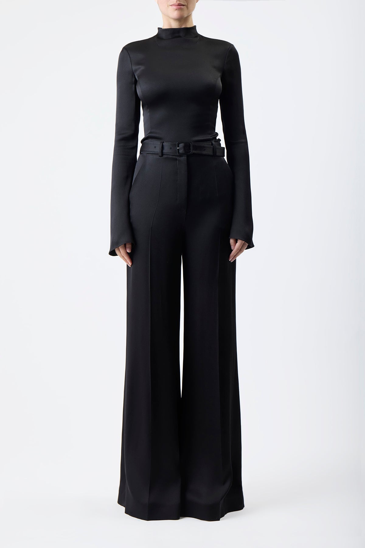 Delwyn Turtleneck Top in Black Double Satin - 3