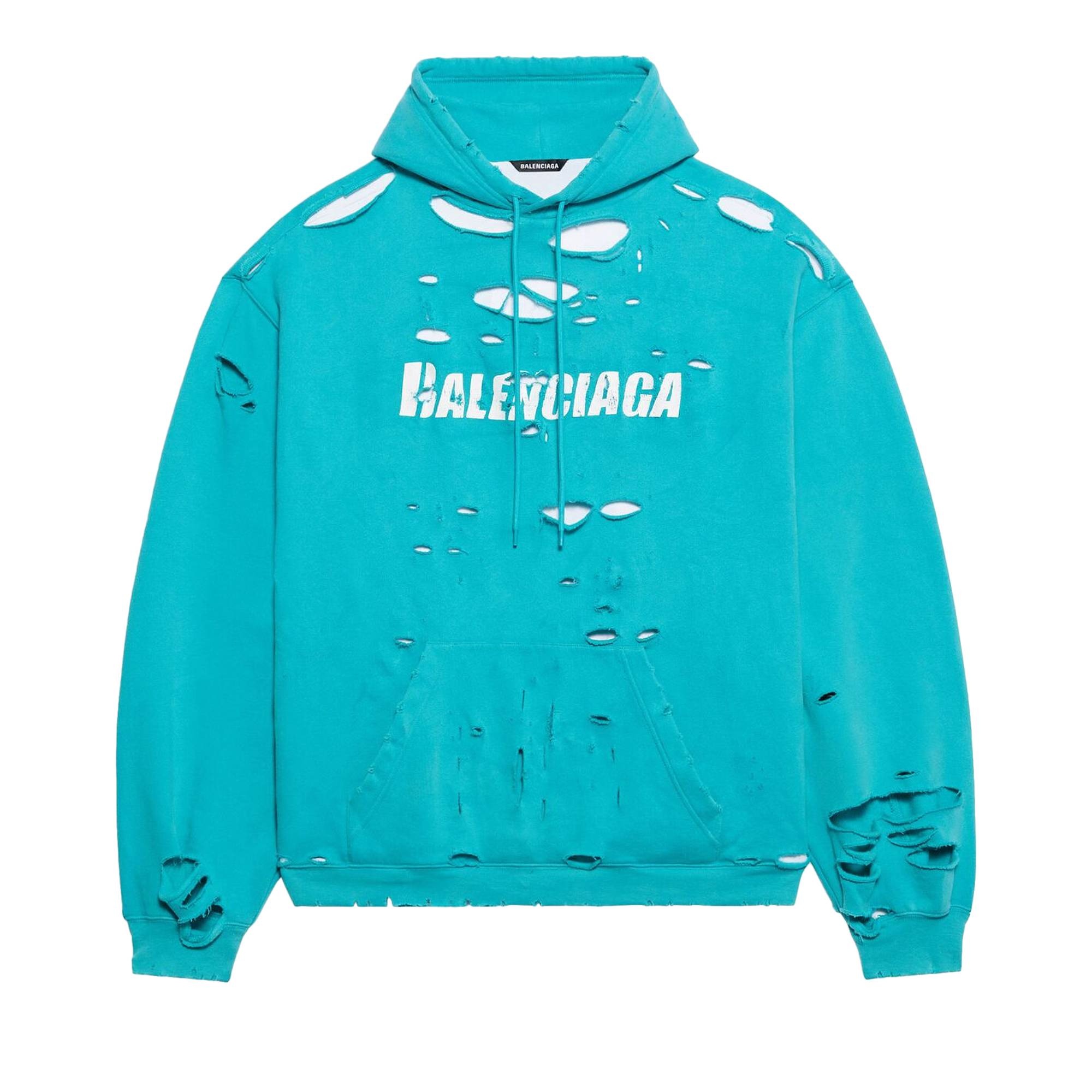 Balenciaga Destroyed Hoodie 'Turquoise/White' - 1