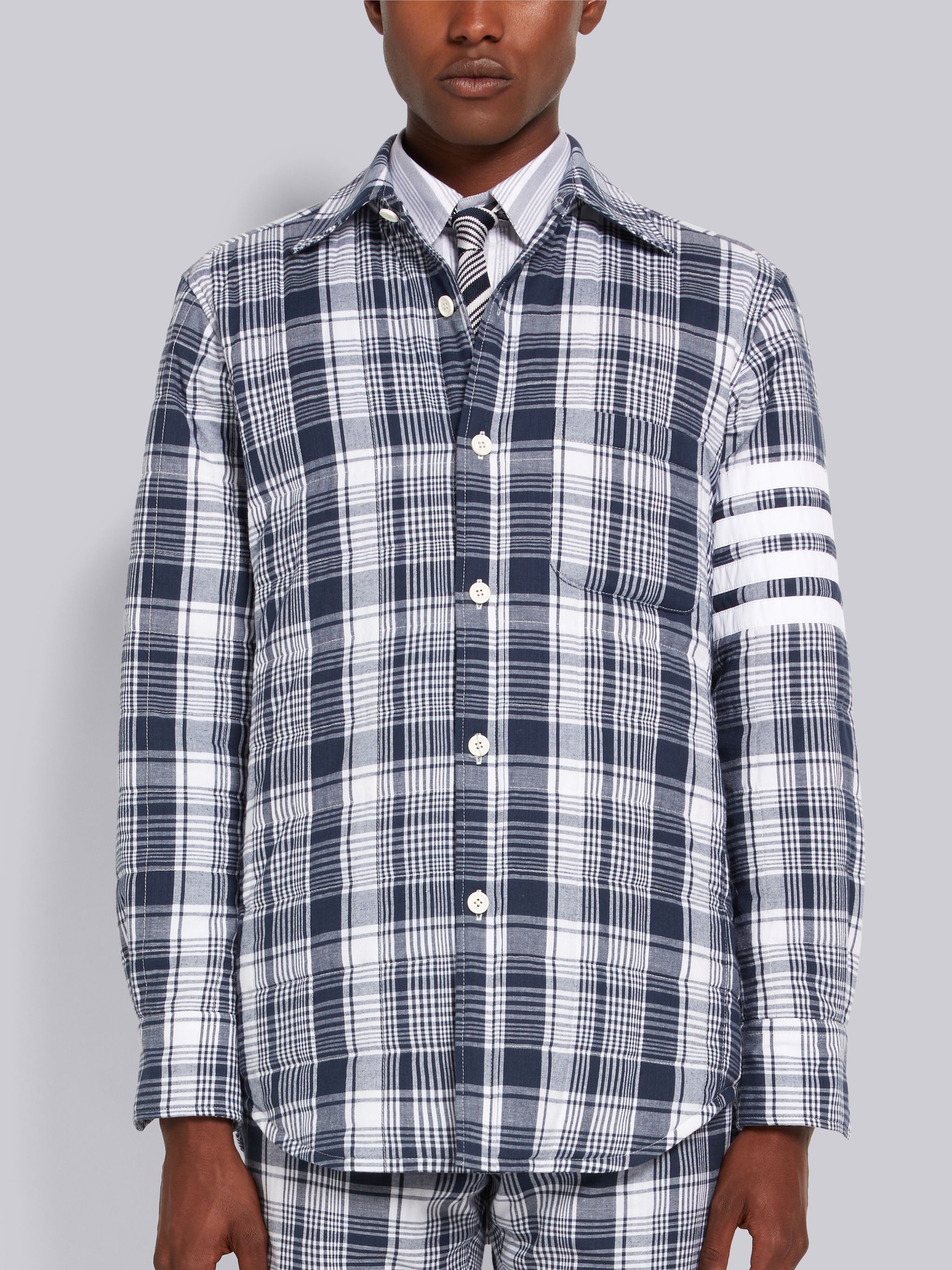 Navy Hairline Madras Check 4-Bar Down Filled Shirt Jacket - 1