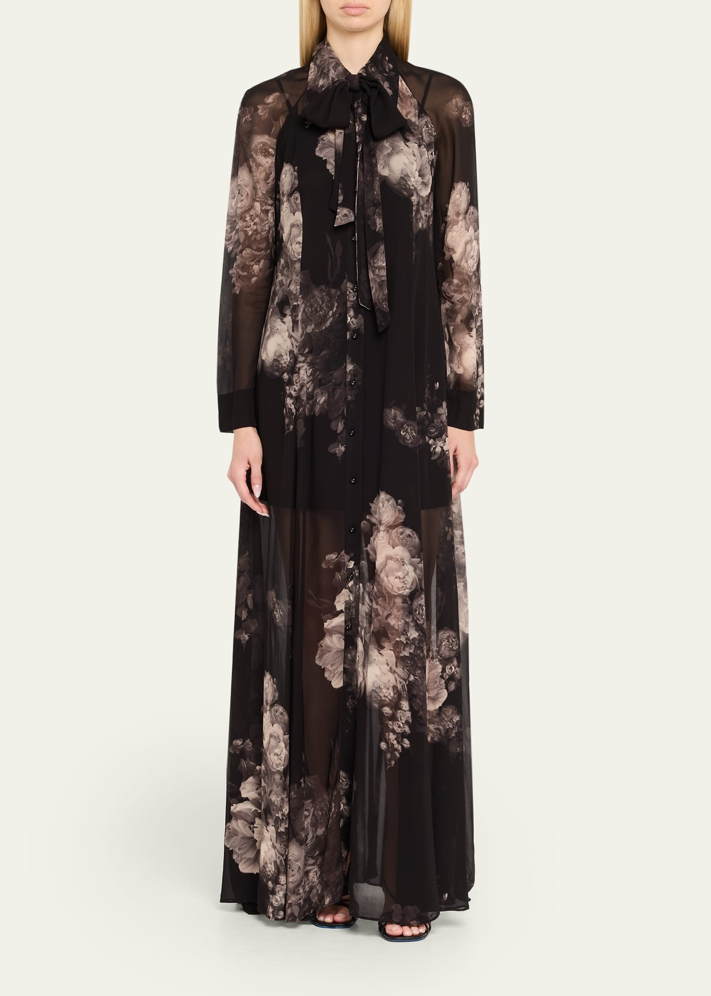 Long-Sleeve Floral Shirtdress with Bow - 2