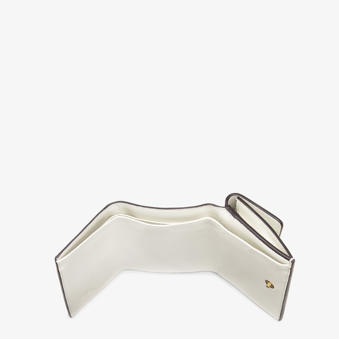 Compact-design tri-fold Fendi Roma wallet with metal chain. Interior features ten card slots, two fl 4
