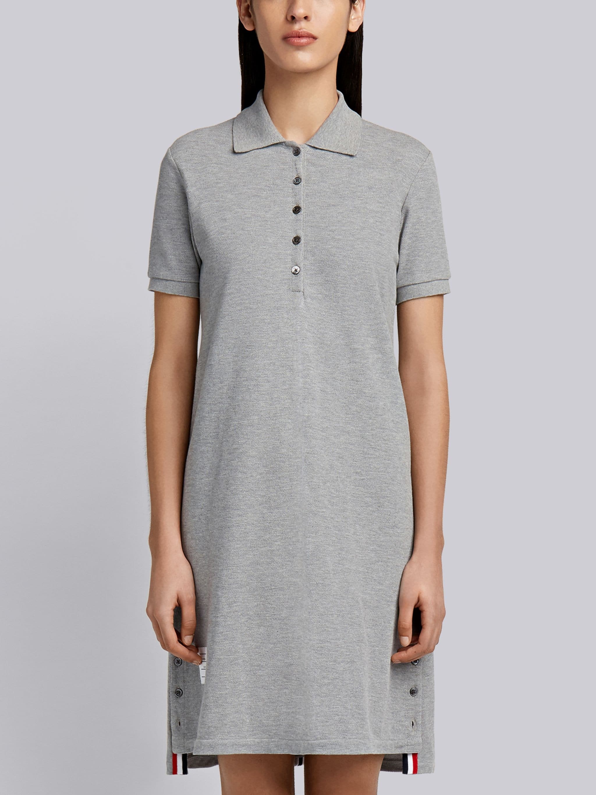 Light Grey Stripe Cotton Pique Fitted A-line Short Sleeve Polo Shirtdress - 1