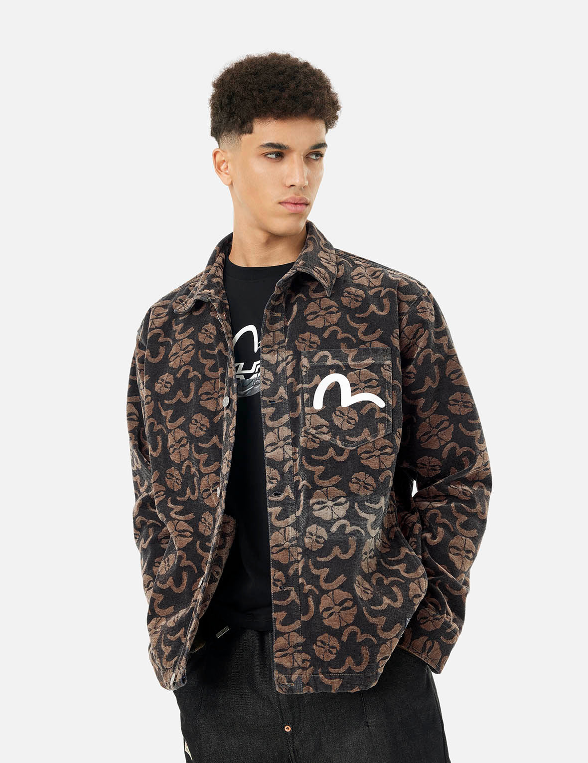 Allover Seagull and Kamon Jacquard Loose Fit Shirt Jacket - 7