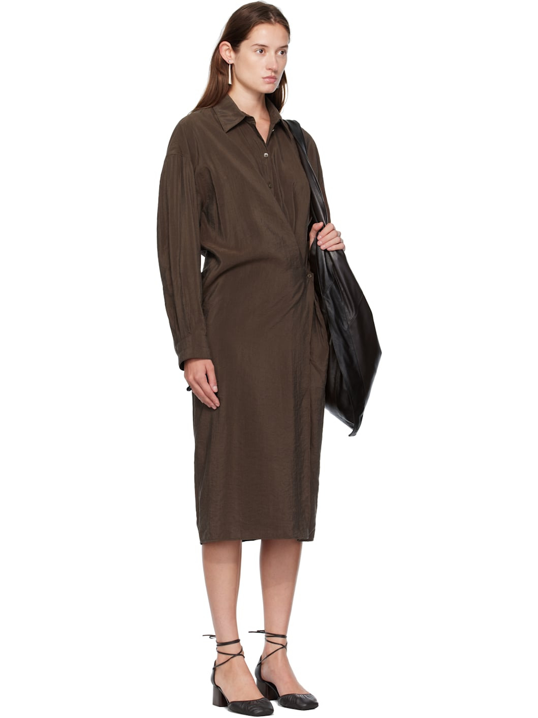 Brown Straight Collar Twisted Midi Dress - 2