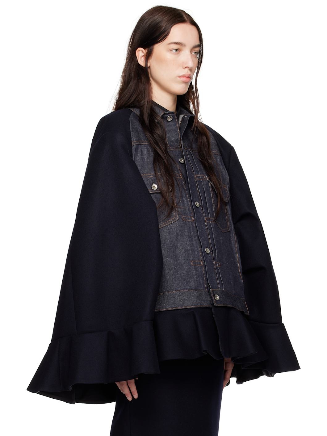 Navy Wool Melton & Denim Cape Jacket - 2