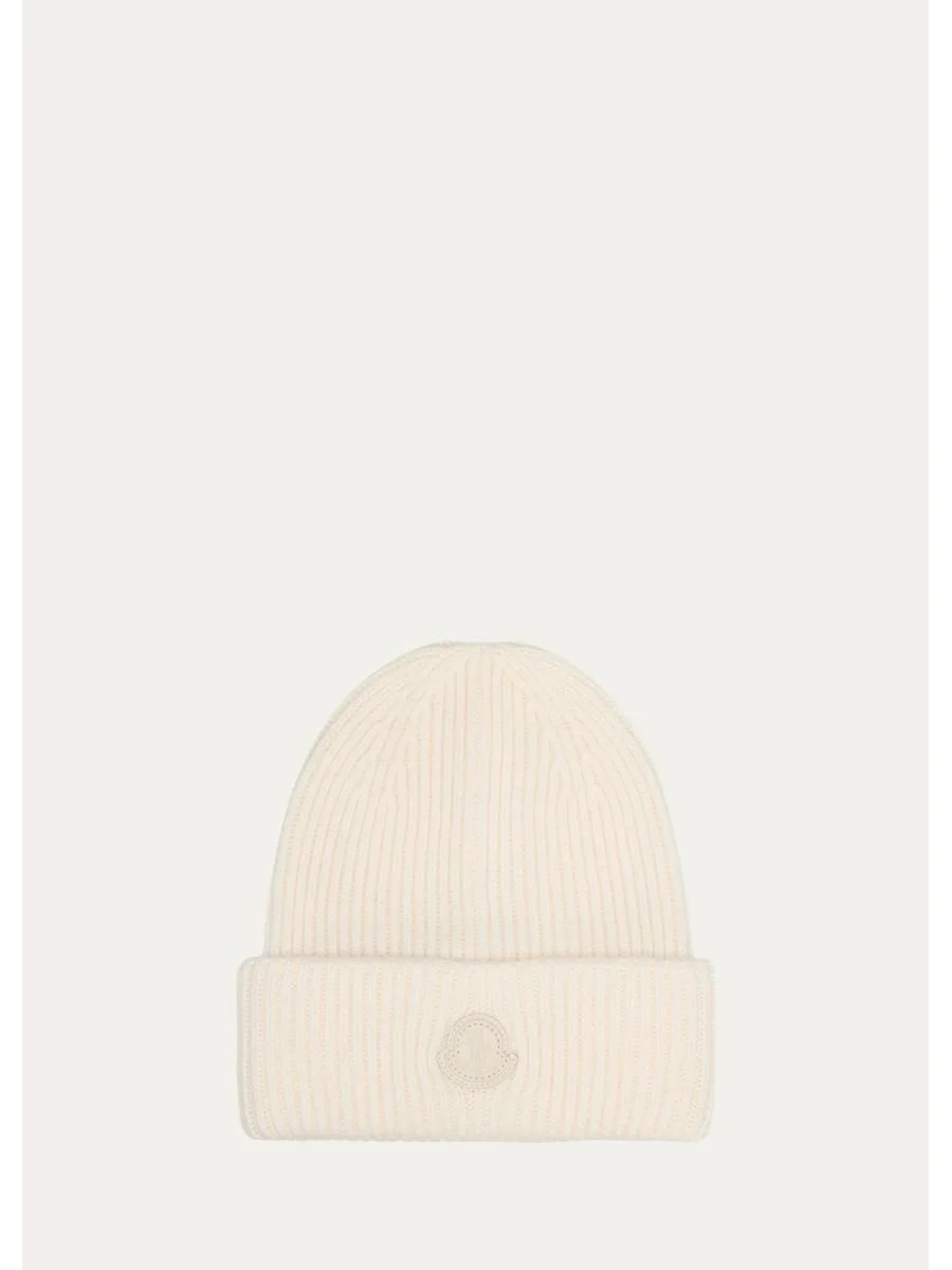 Men's Cashmere Ribbed Leather-Label Beanie Hat - 1