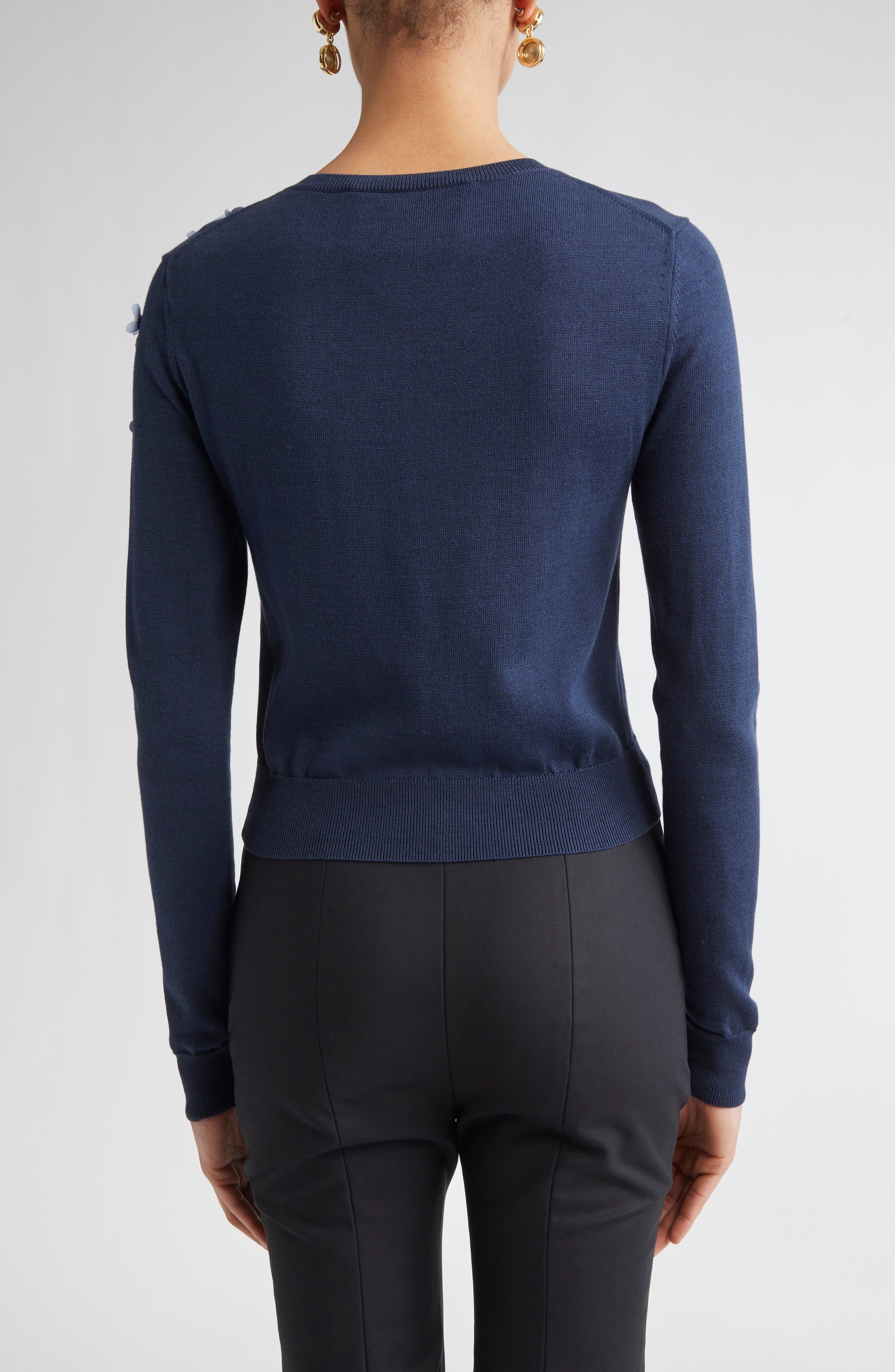 Carolina Herrera Floral Appliqué Silk & Cotton Cardigan in Midnight at Nordstrom - 3
