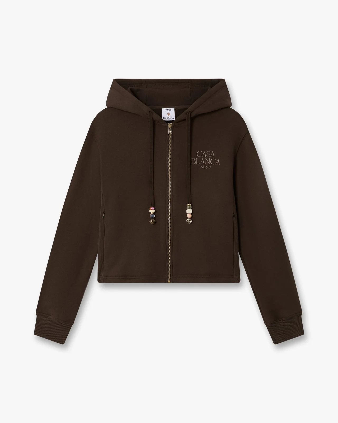 Dark Brown Cropped Zip-Up Hooded Sweatshirt | Casablanca Paris - 1