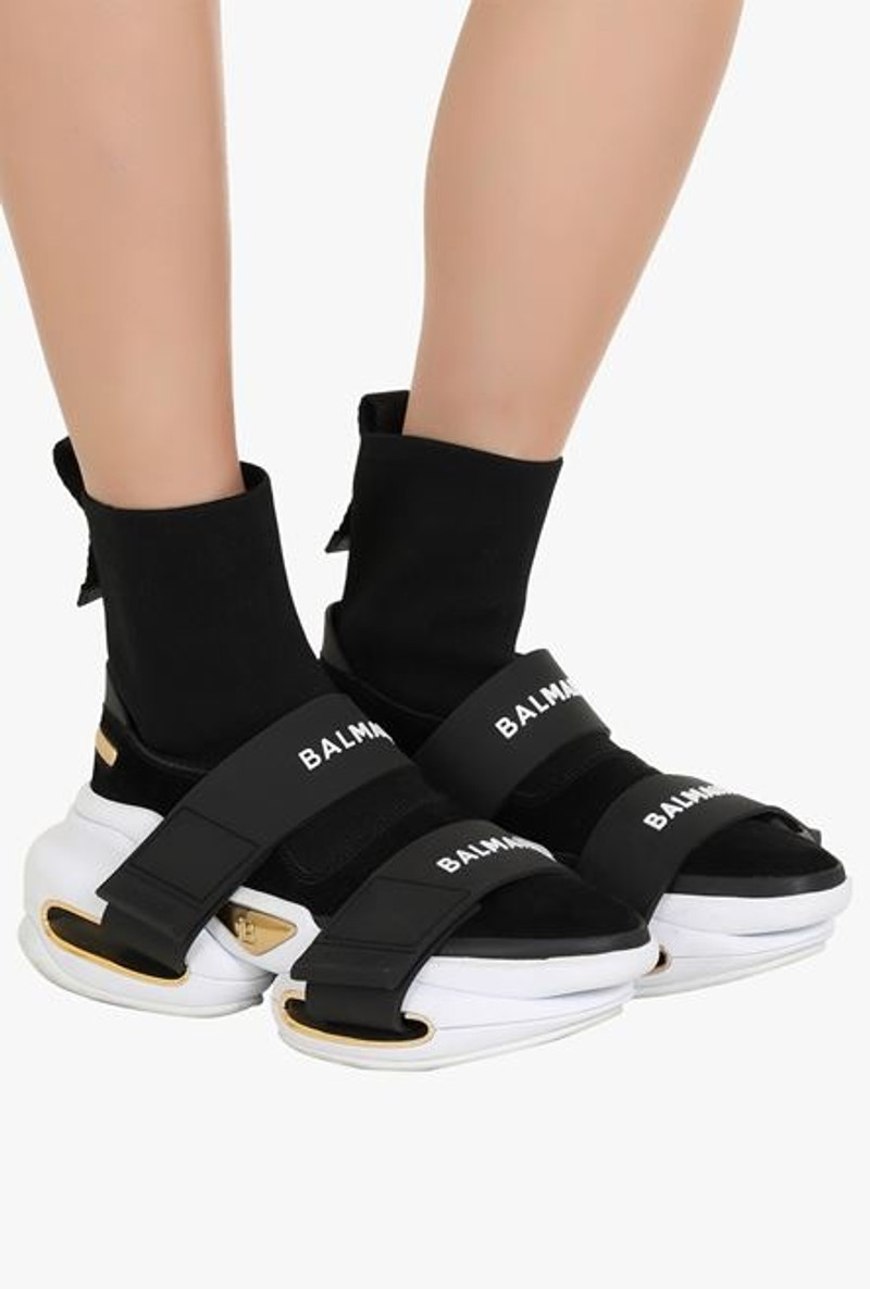 Balmain Black and white suede and knit B-Bold high-top sneakers with straps outlook