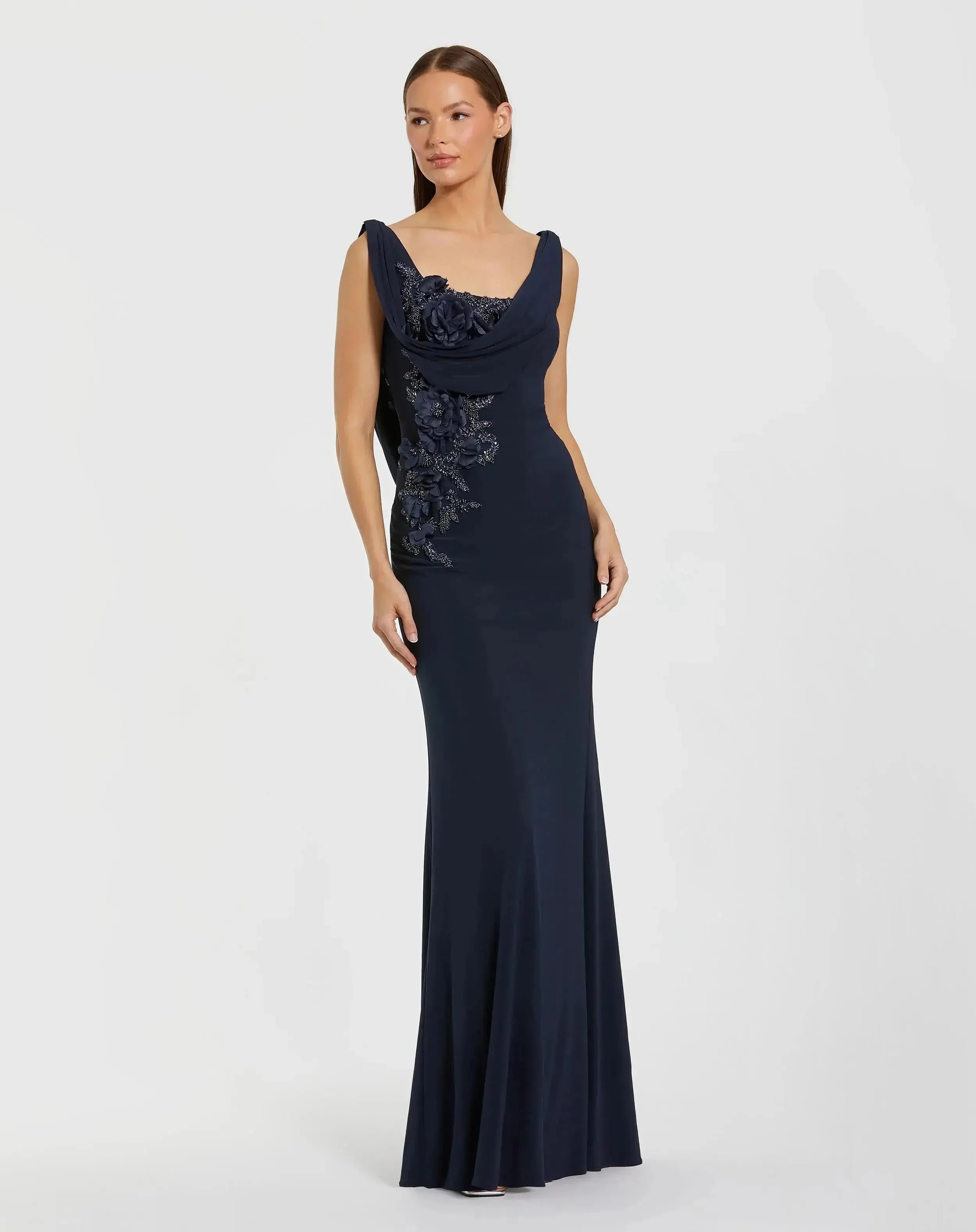 Navy Sleeveless Jersey Cowl Neck Gown With Beading - 1
